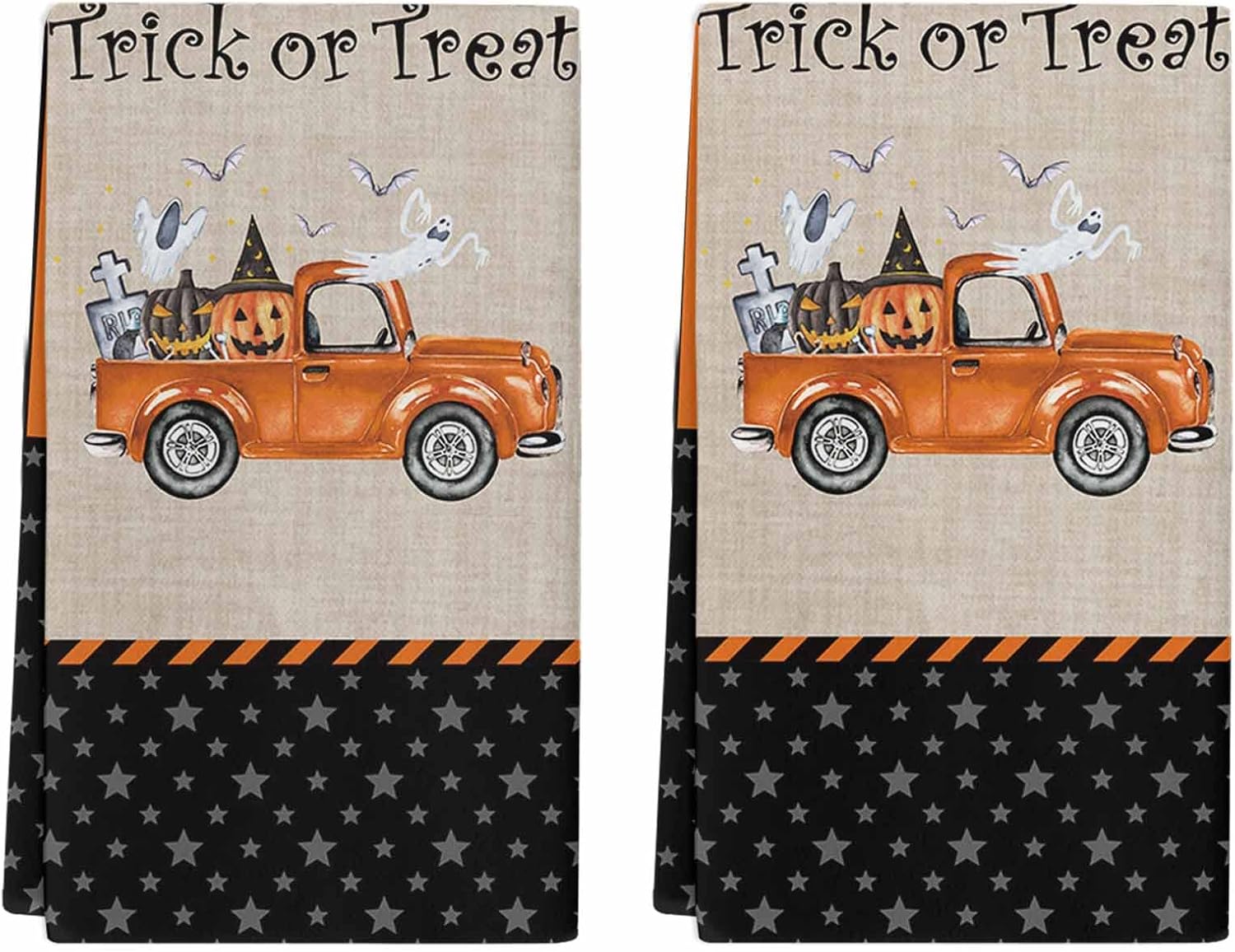 2 Packs Kitchen Towels and Dishcloths Sets, Happy Halloween Trick Or Treat Jack-O’-Lanterns Orange Truck 18 x28 Inch Cotton Dish Towel, Absorbent