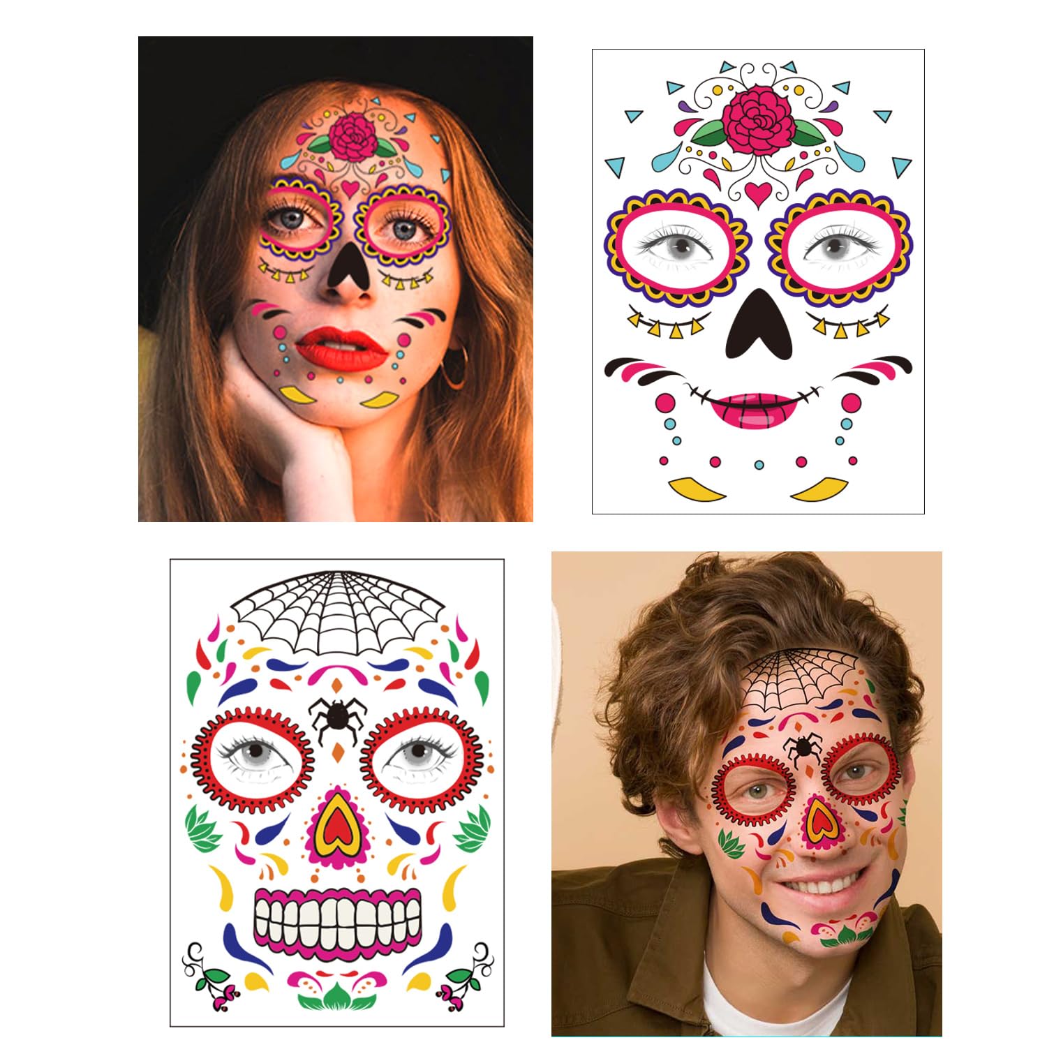 Día de los Muertos Tatuajes de Calavera de Azúcar Floral Negro Esqueleto Web Rosas Rojas Disfraz de Halloween Tatuajes Temporales 9 Hojas