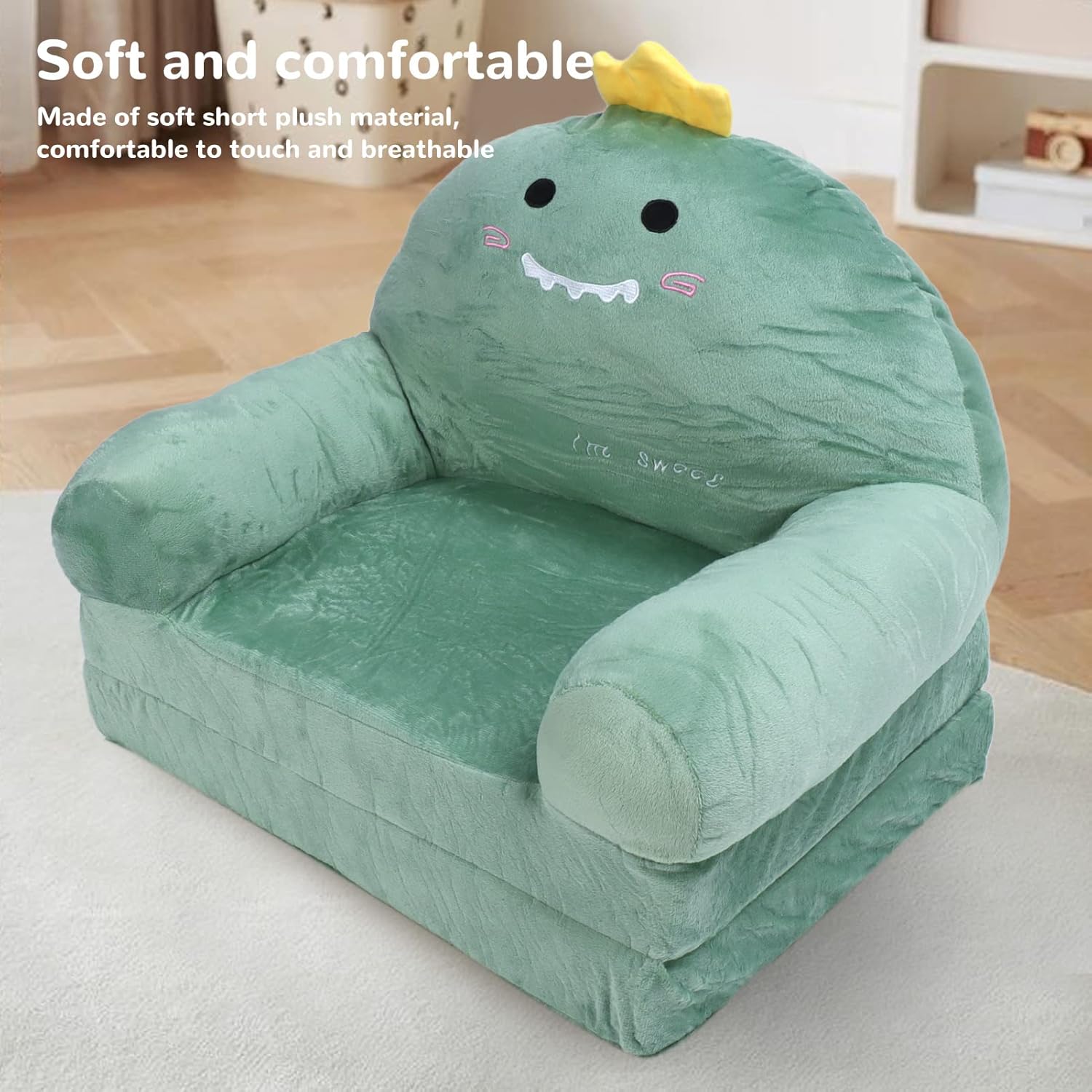 Sofá para niños, cómodo al tacto, sofá plegable de dinosaurio para niños, extra suave de 2 asientos, 2 en 1, silla abierta o cama plegable, tumbona