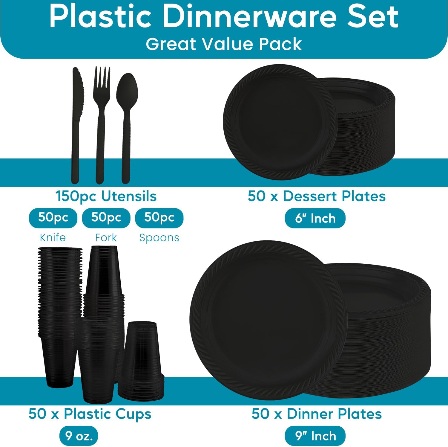 Juego de vajilla negra desechable de 300 piezas para 50 invitados, juego de vajilla de plástico para microondas de 50 platos de 9 pulgadas, 50