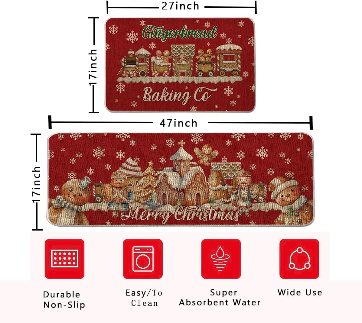 GAGEC Juego de 2 tapetes de cocina de Navidad, diseño de pan de jengibre, color rojo, con texto en inglés “Merry Christmas”, para decoración del