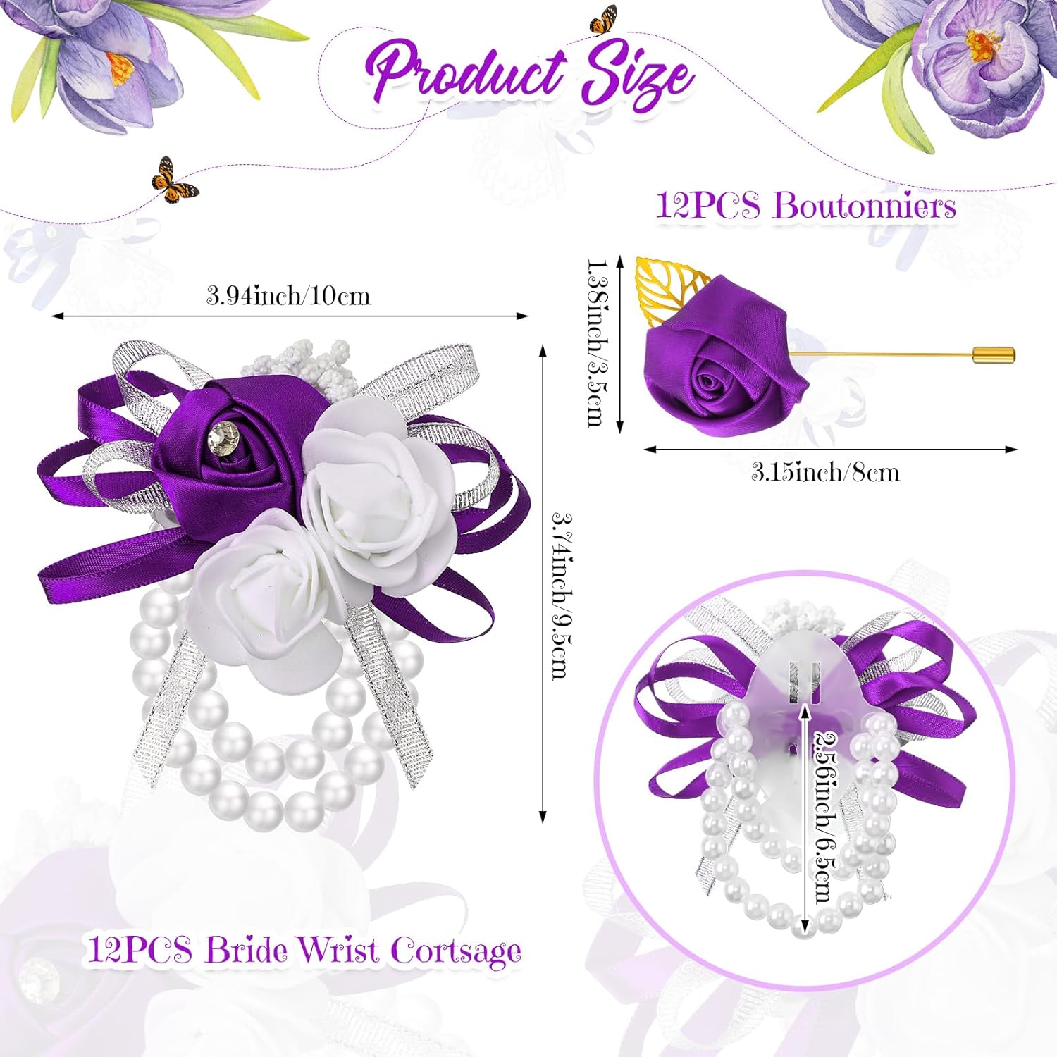 Tigeen Juego de ramilletes y boutonniere, ramilletes de muñeca para baile de graduación, rosa de seda para hombres, flores de mano para boda,