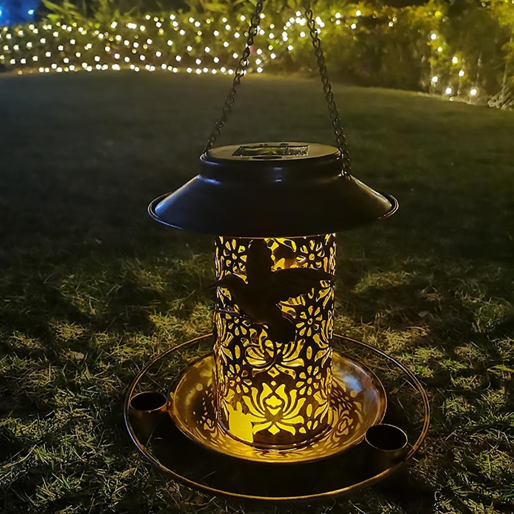 Comedero solar para pájaros para colgar al aire libre, comedero de colibríes, metal solar impermeable para exteriores, comederos cardenales, luz