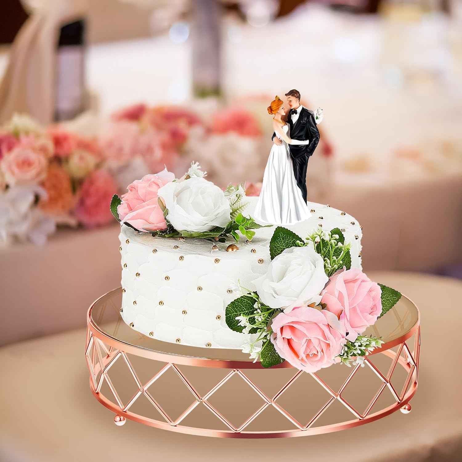 Nuanchu Soporte redondo de metal geométrico de 14 pulgadas para tartas de boda, soporte metálico brillante para tartas con parte superior de vidrio