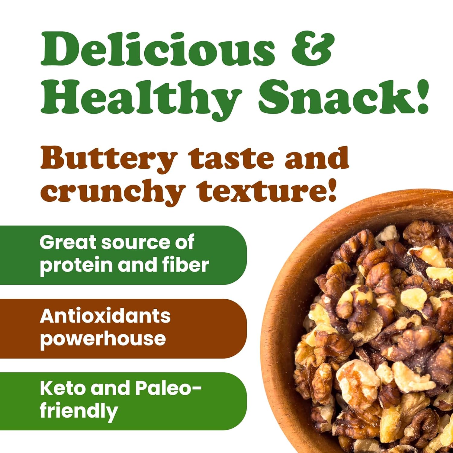 Nueces tostadas en seco, 8 onzas  Piezas de nueces sin sal. Bocadillo delicioso y nutritivo. Apto para dieta keto y paleo. Ideal para ensaladas,