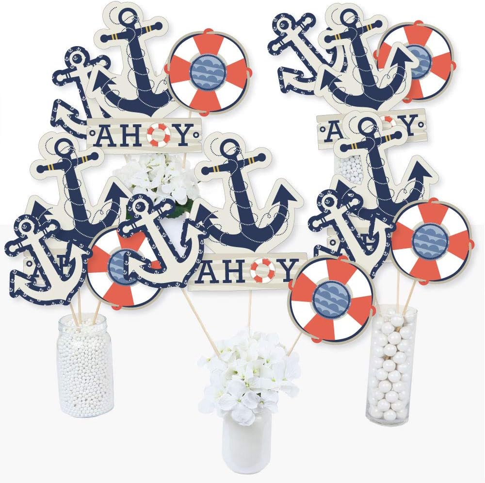 Big Dot of Happiness Ahoy – Juego de 15 palos náuticos para centro de mesa de baby shower o fiesta de cumpleaños