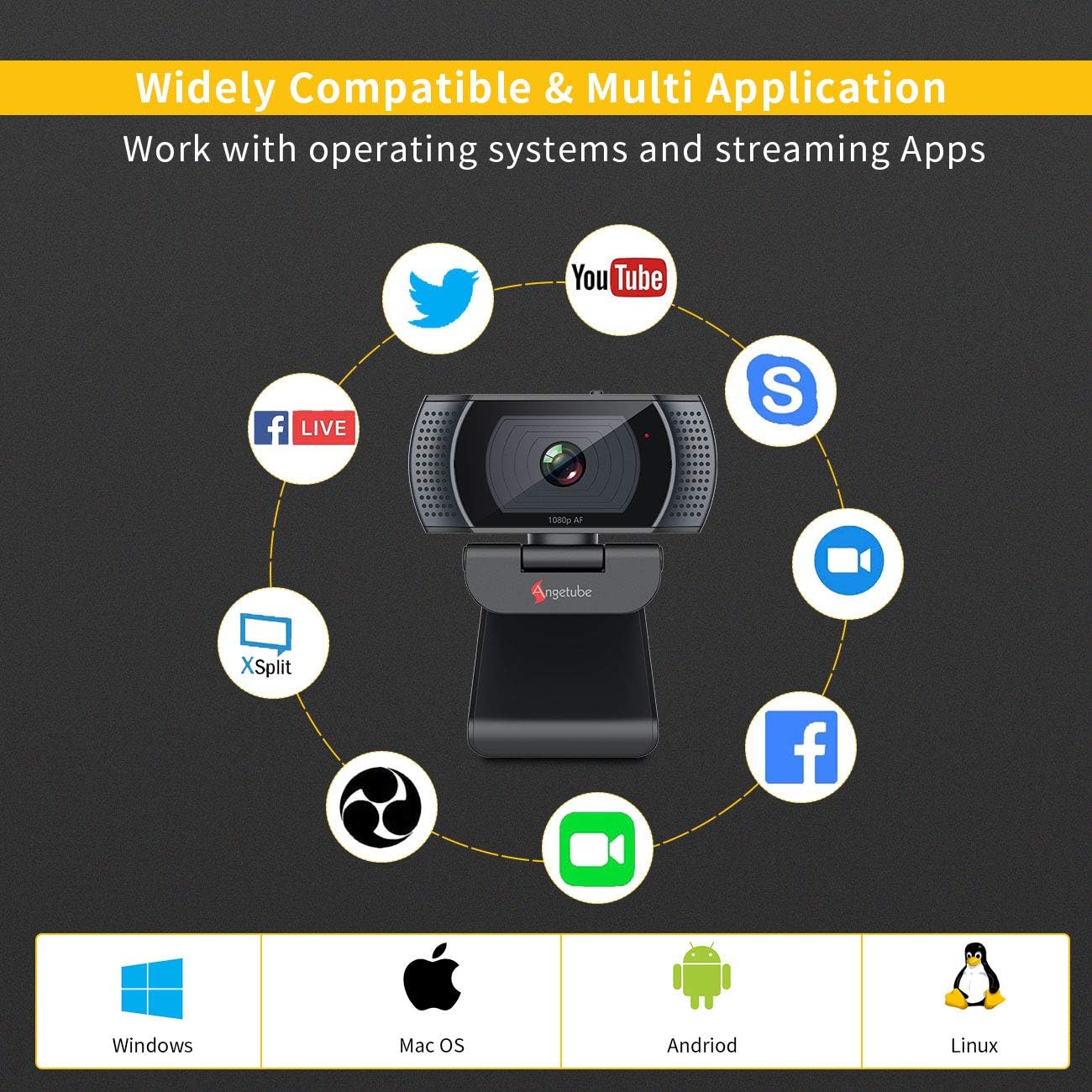 Angetube Cámara web con micrófono, cámara web de 1080p con cubierta de privacidad para PC, computadora, laptop, computadora de escritorio, MacBook,