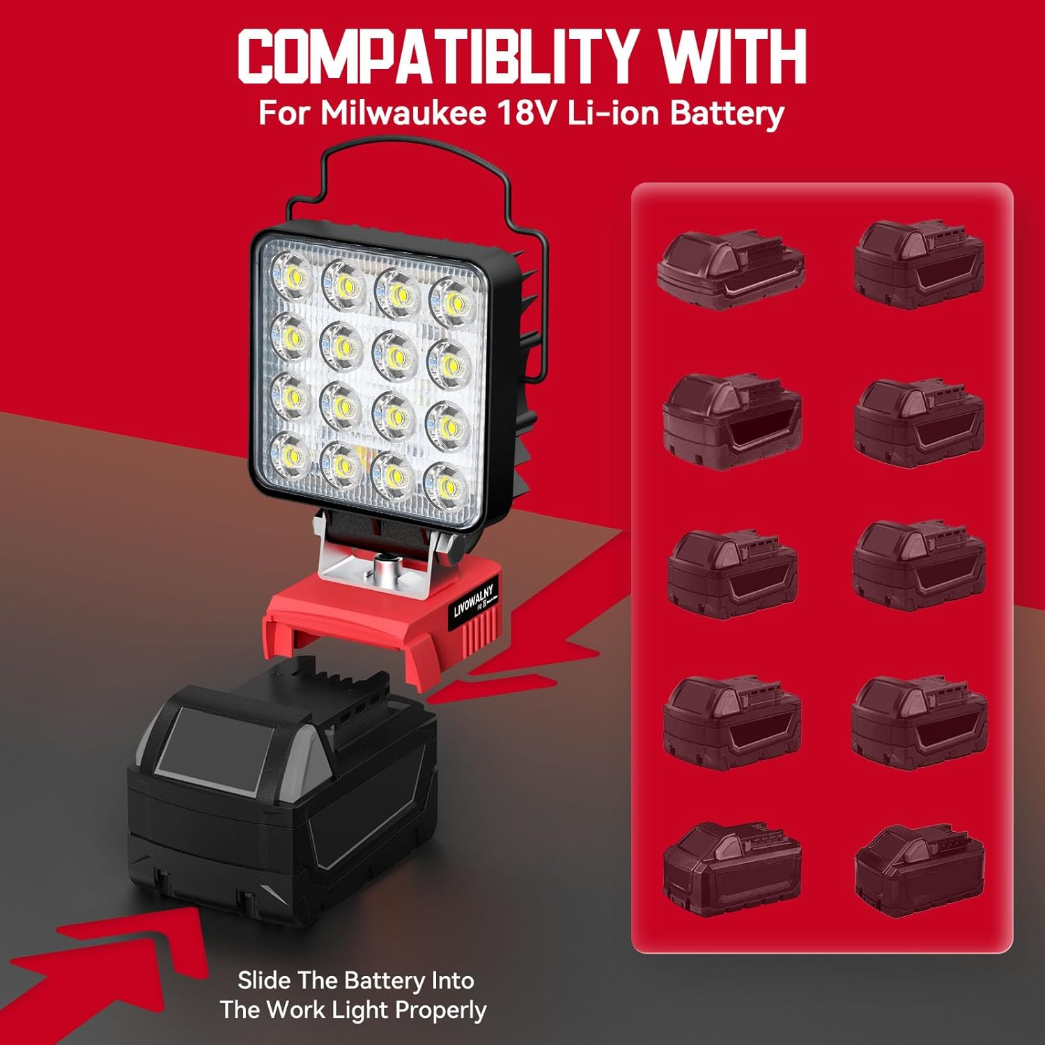 Luz de trabajo LED inalámbrica para batería Milwaukee M18, LIVOWALNY 48W 48000LM Luz de inundación de batería de 4 pulgadas para luz M18 con puerto