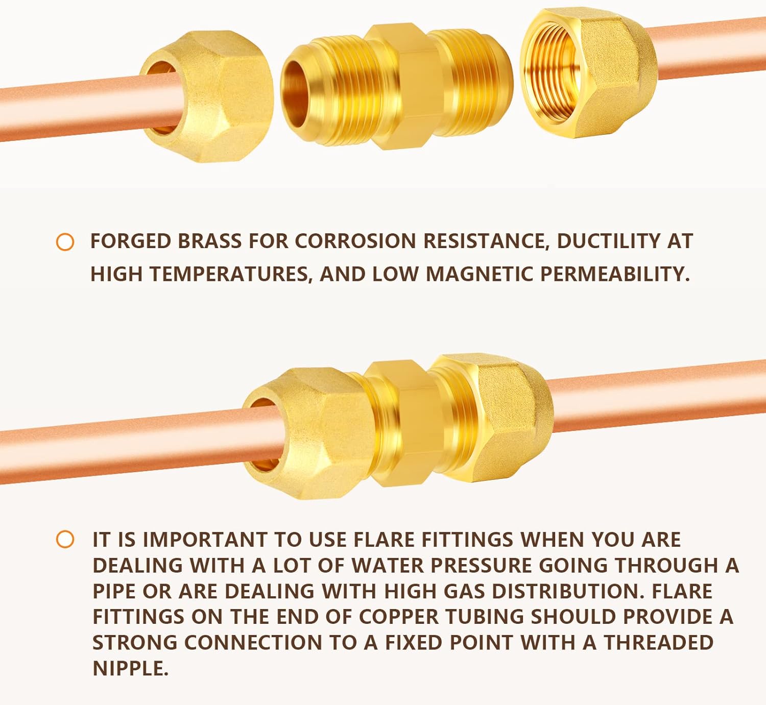 GASHER 10 piezas de latón SAE 45 grados Flare Tube Fitting, 12″ Flare Nut Aire Acondicionado Tubo de cobre Extensión de tubo de cobre a tope Tuerca