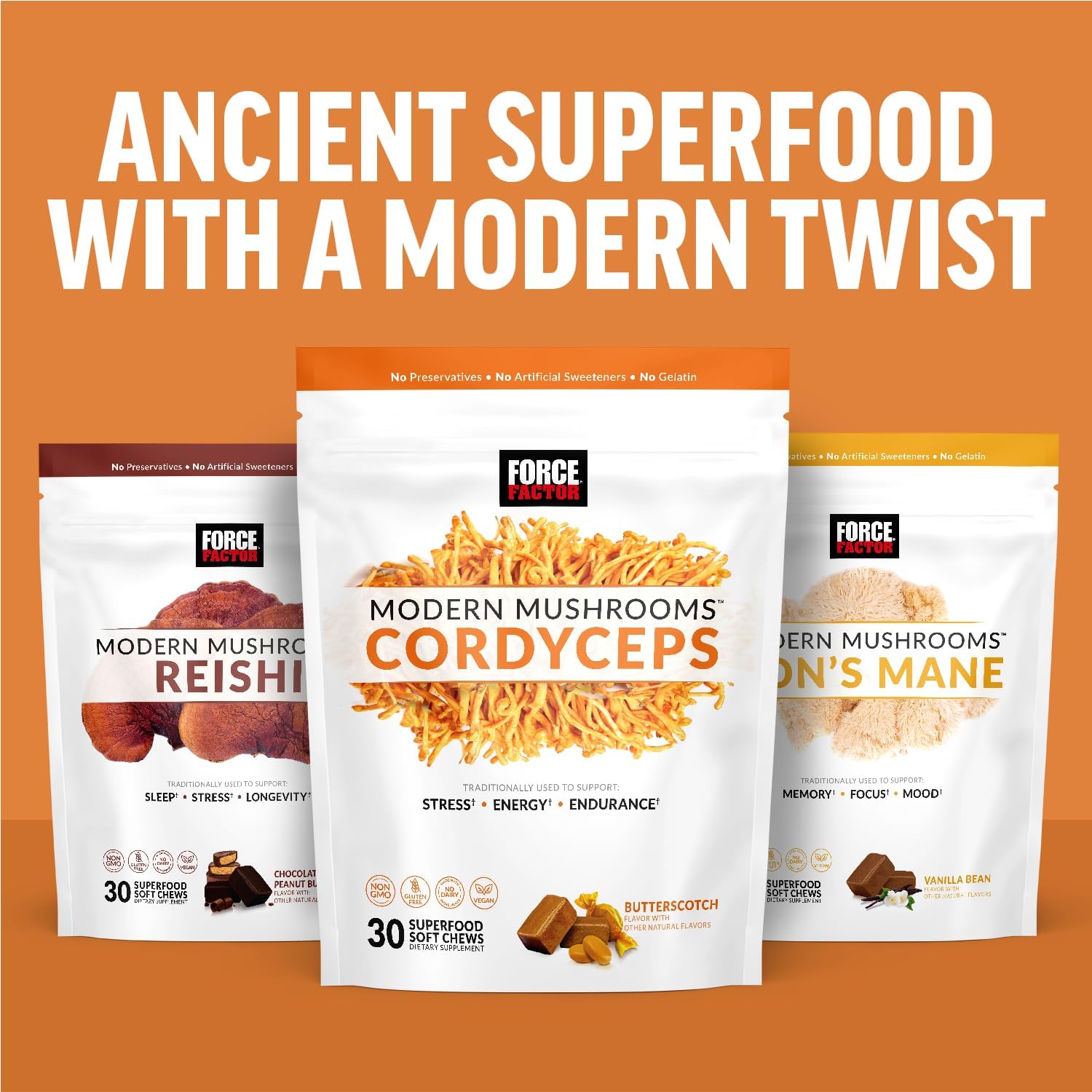 FORCE FACTOR Modern Mushrooms Soft Chews, suplemento de hongos Cordyceps para apoyar el alivio del estrés, la energía y la vitalidad, suplemento