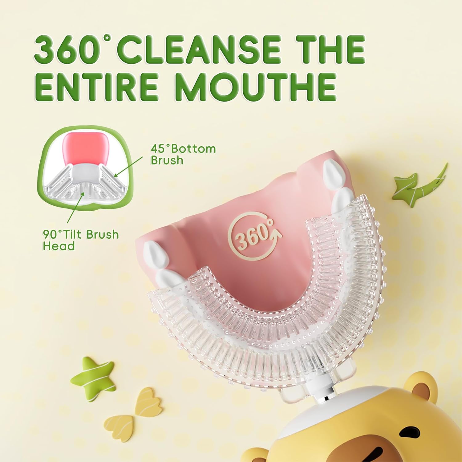 Cepillo de dientes eléctrico para niños en forma de U  Capybara de dibujos animados con 6 cabezales de cepillo, limpieza de grado completo, cepillo