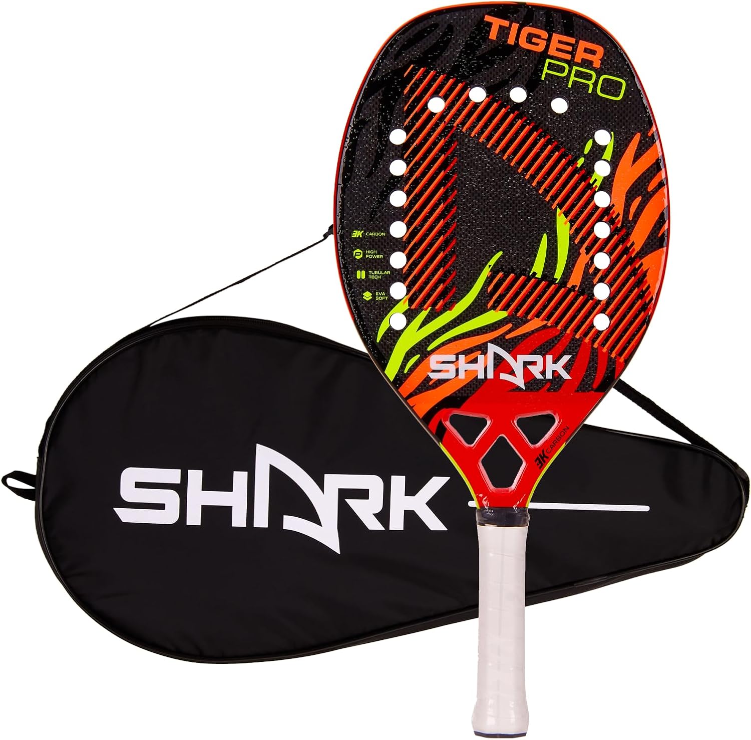 Shark Tiger – Raqueta profesional de tenis de playa  Marco de fibra de carbono 3K  0.866 pulgadas de grosor  Cara de microgránulos  para jugadores