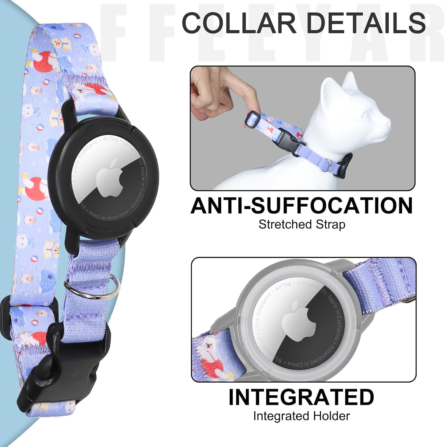 FEEYAR – Collar para gatos AirTag mejorado, collar de gato con GPS integrado con soporte para AirTag y campana púrpura, banda elástica de seguridad,