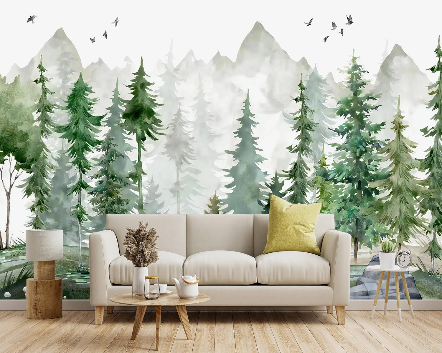 Papel tapiz de tela verde con dibujos animados de pinos y bosques para niños y niñas, dormitorio infantil, sala de estar, plantas de bosque, mural