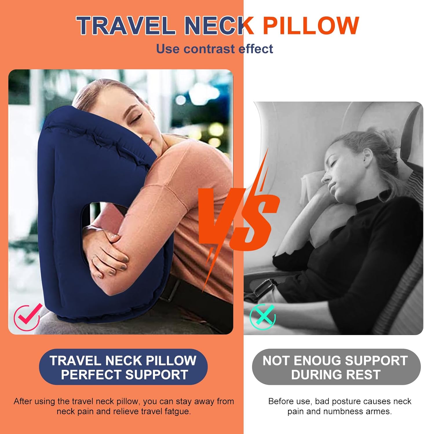 Almohada inflable de viaje, almohada de cuello de avión que soporta cómodamente la cabeza y la barbilla, almohada de viaje para dormir en avión –
