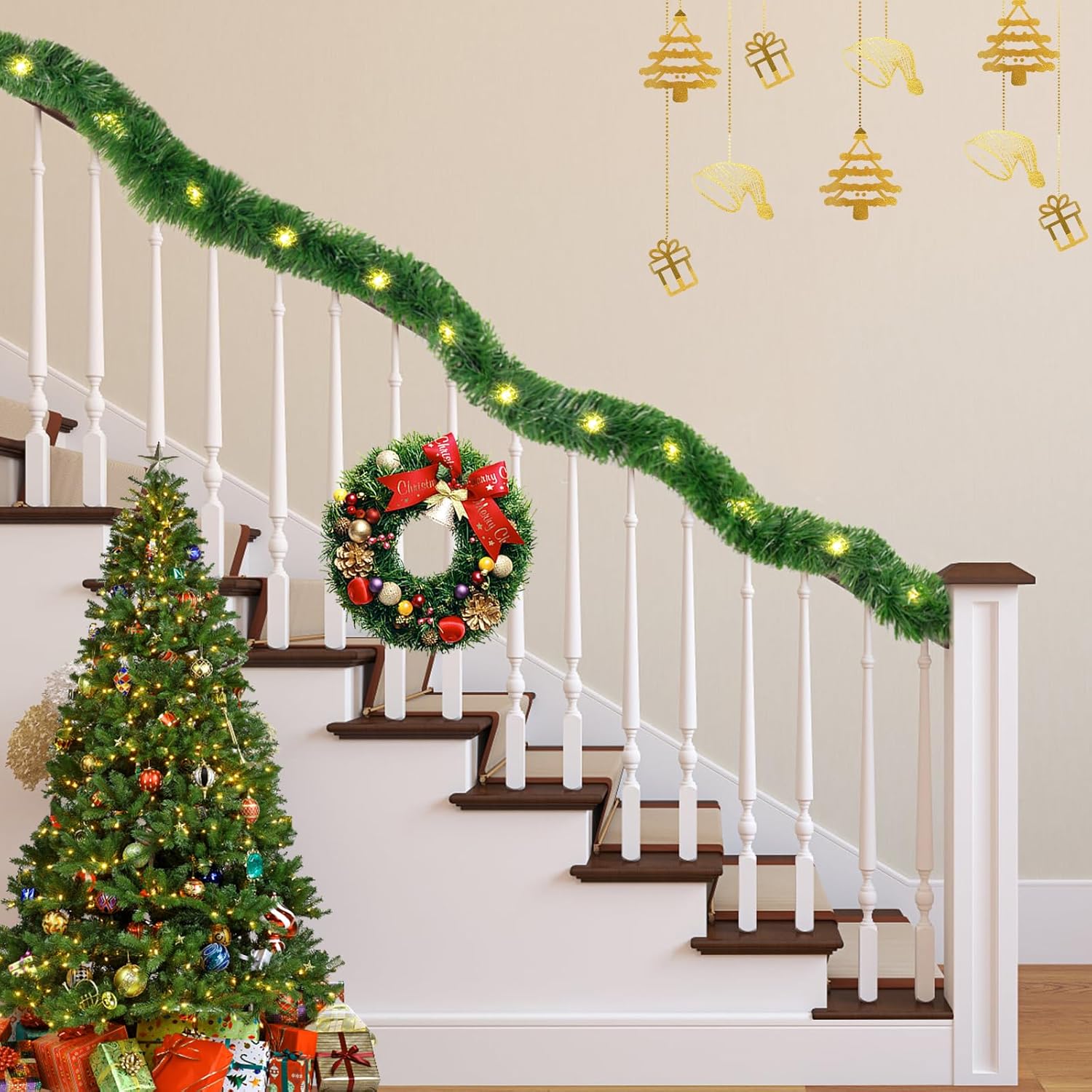 Guirnalda de Navidad de 18 pies, 60 luces LED preiluminadas, guirnalda de Navidad artificial, decoración de Navidad iluminada para interiores,