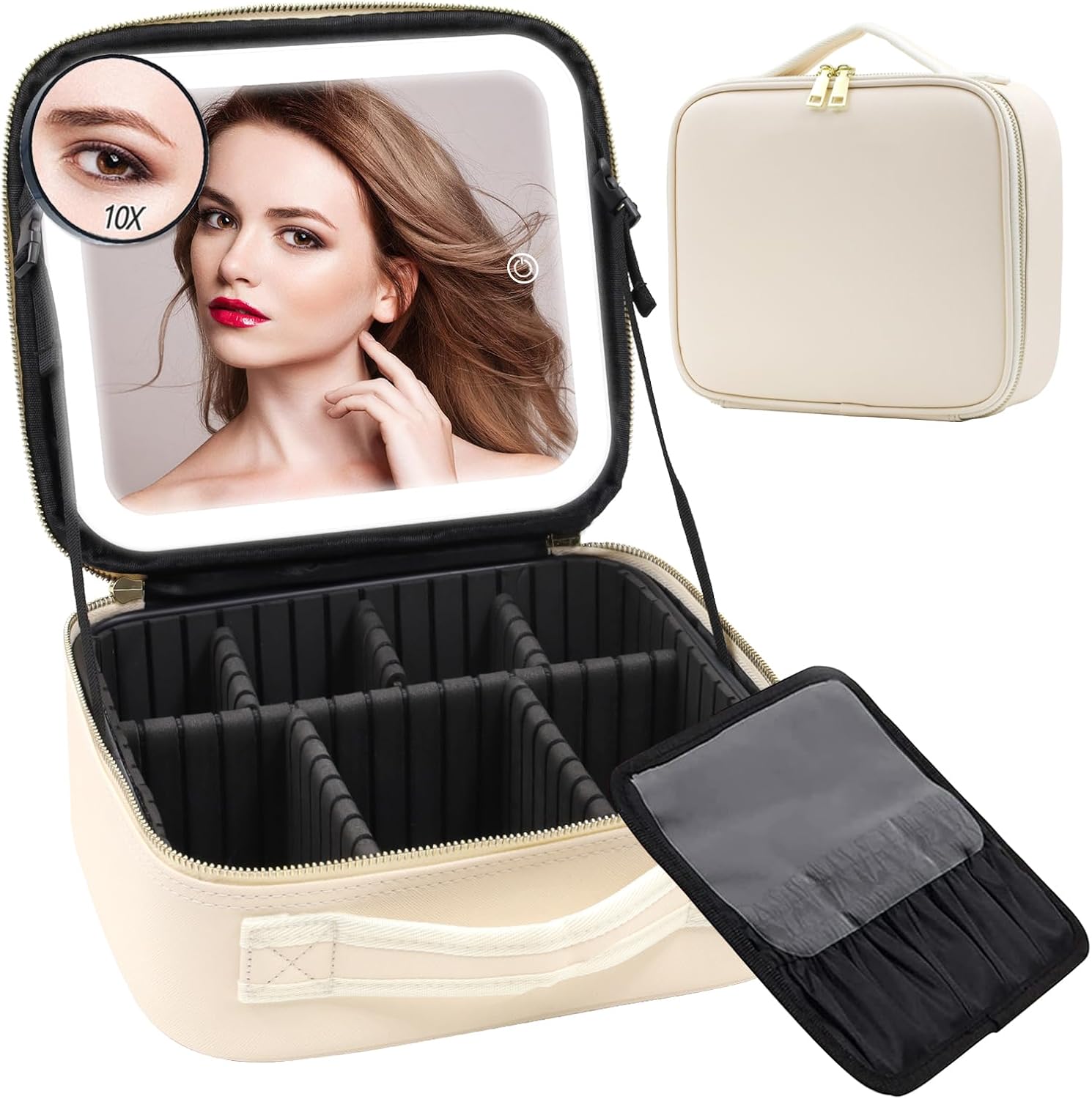 Bolsa de maquillaje con espejo de luz LED, estuche de viaje para maquillaje, organizador de bolsas de cosméticos con divisores ajustables, estuche