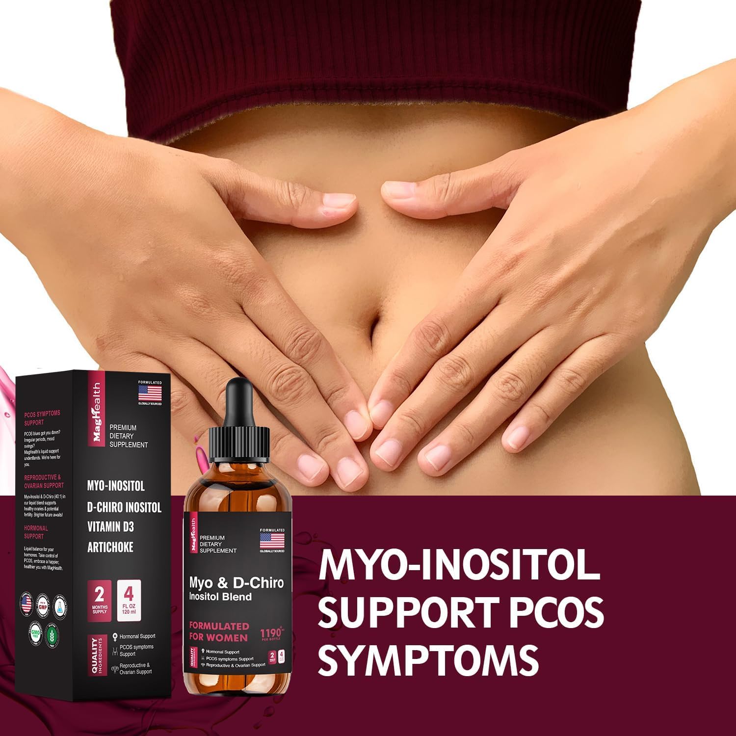 Suplemento líquido de mio-inositol y D-Chiro inositol – Proporción 401 – Suministro para 60 días – Suplementos de fertilidad para mujeres para