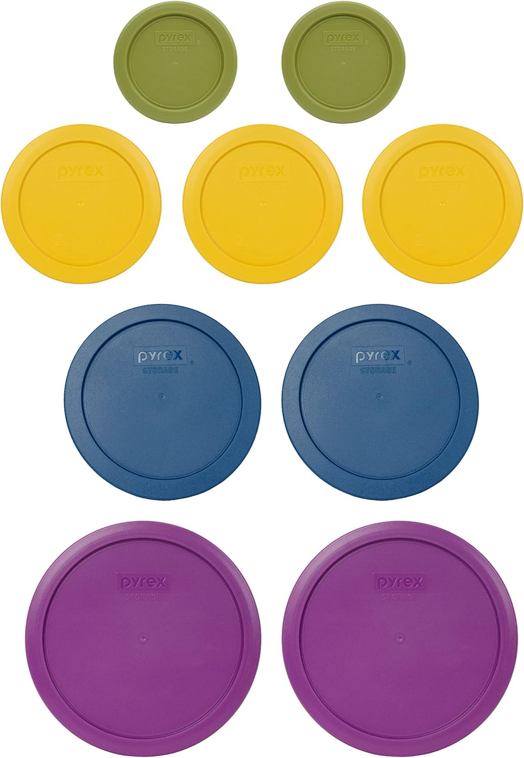 Pyrex (2) 7202-PC verde oliva, (3) 7200-PC amarillo mantequilla, (2) 7201-PC Blue Spruce, y (2) 7402-PC Thistle Purple Tapas de repuesto de plástico