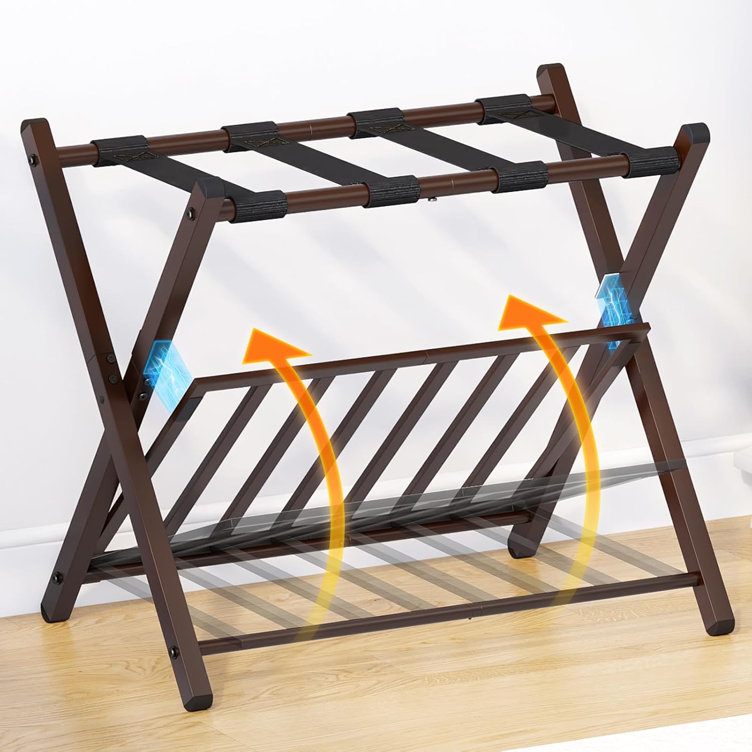 Portaequipajes plegable para habitación de invitados, soporte plegable para maleta con bloqueo magnético único y estante de acero, por nivel con
