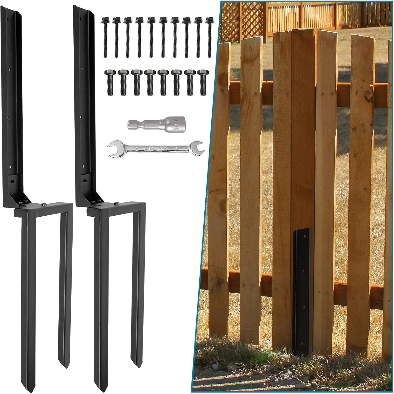 AXWHYS Reparación de postes de valla, 2 unidades, estaca de poste de valla doble con recubrimiento de polvo negro para reparación de postes de valla