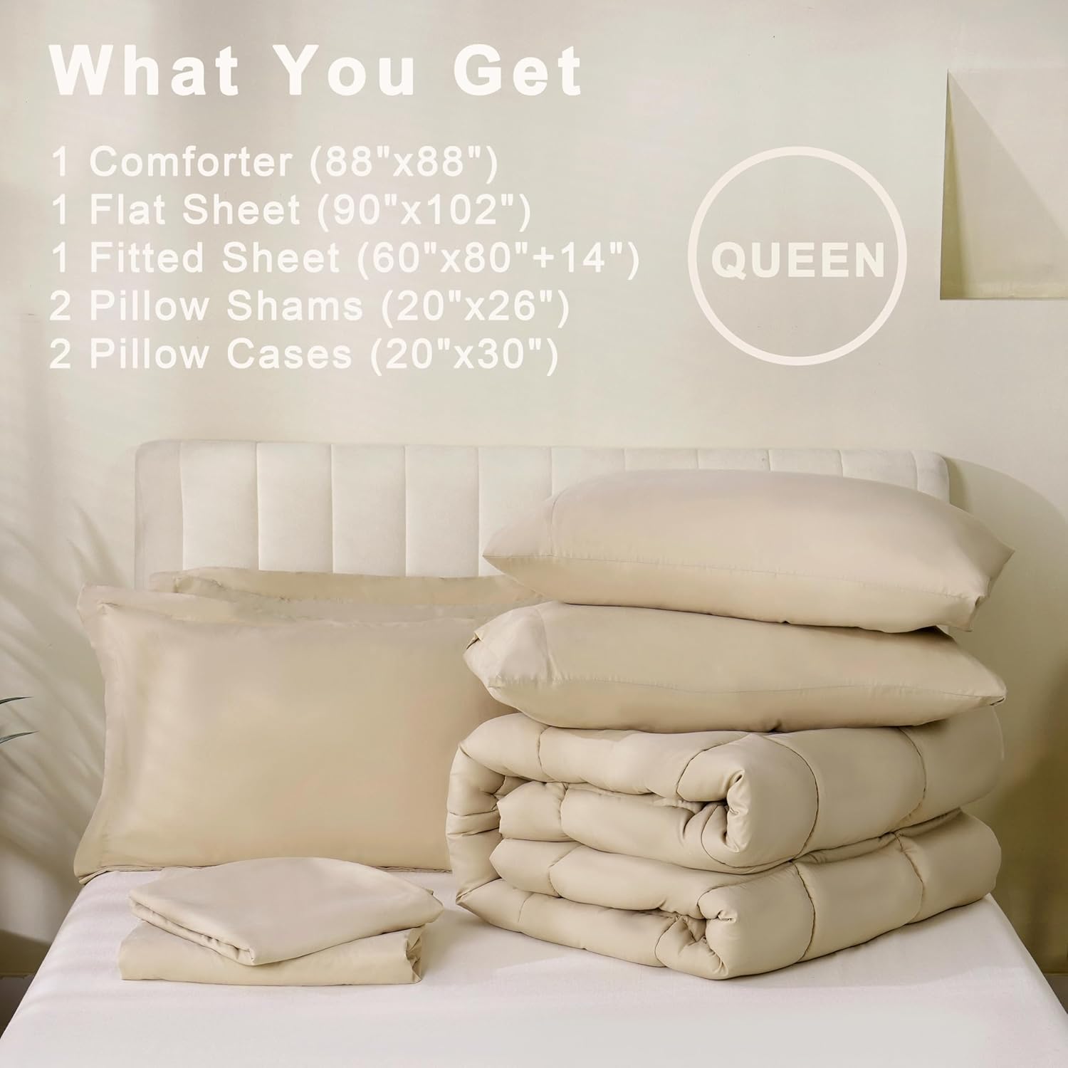 DOWNCOOL Juego de edredón tamaño Queen, 7 piezas de ropa de cama Queen beige, cama alternativa para todas las estaciones, cama en una bolsa, tamaño