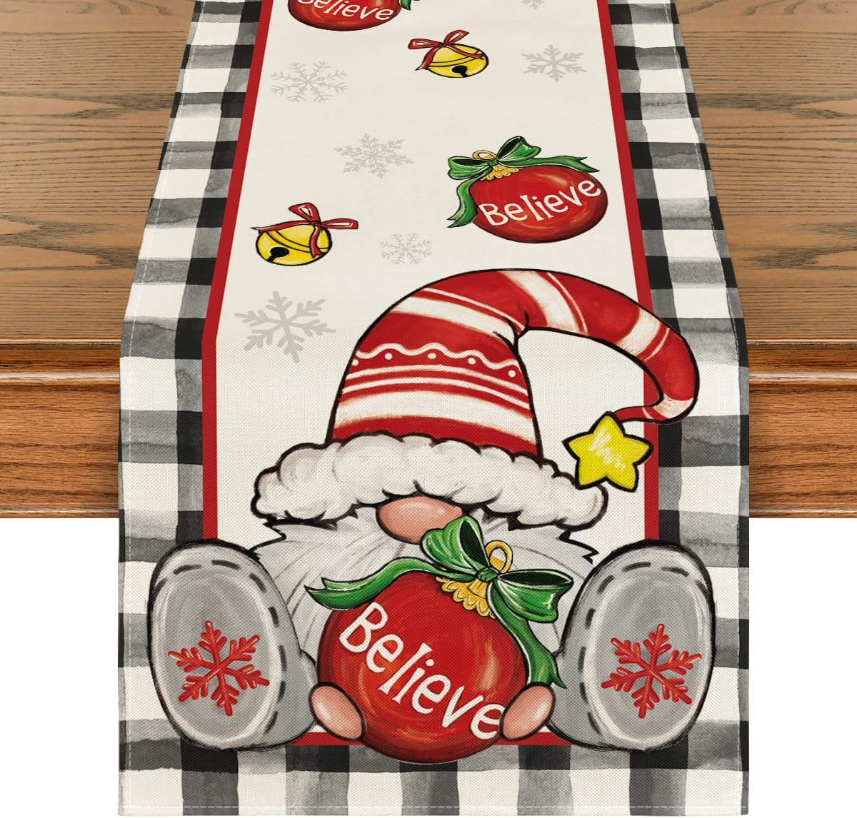 Artoid Mode Buffalo Plaid Gnomo Bell Believe – Camino de mesa de Navidad, decoración de mesa de comedor de cocina de invierno de temporada para