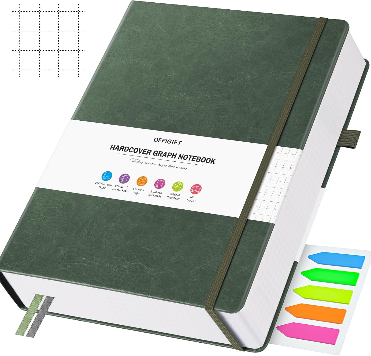 Cuaderno de papel cuadriculado, 312 páginas numeradas, tamaño A5, de cuero de tapa dura, cuaderno de papel cuadriculado de 3.53 ozyd, con páginas de