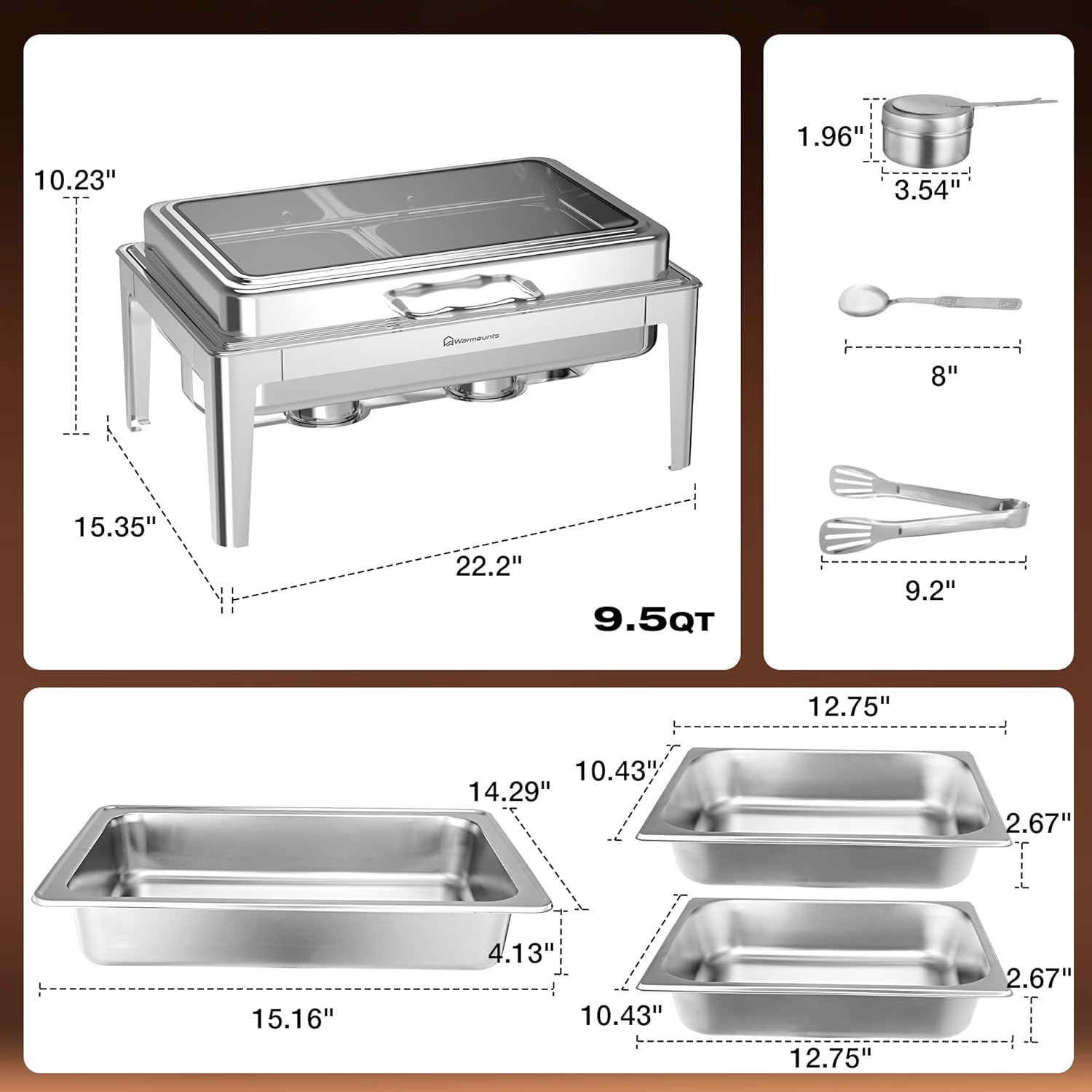 Juego de platos de bufé de 9.5 cuartos de galón, platos rectangulares para bufé con tapa de vidrio, utensilios de servir, chafers de acero