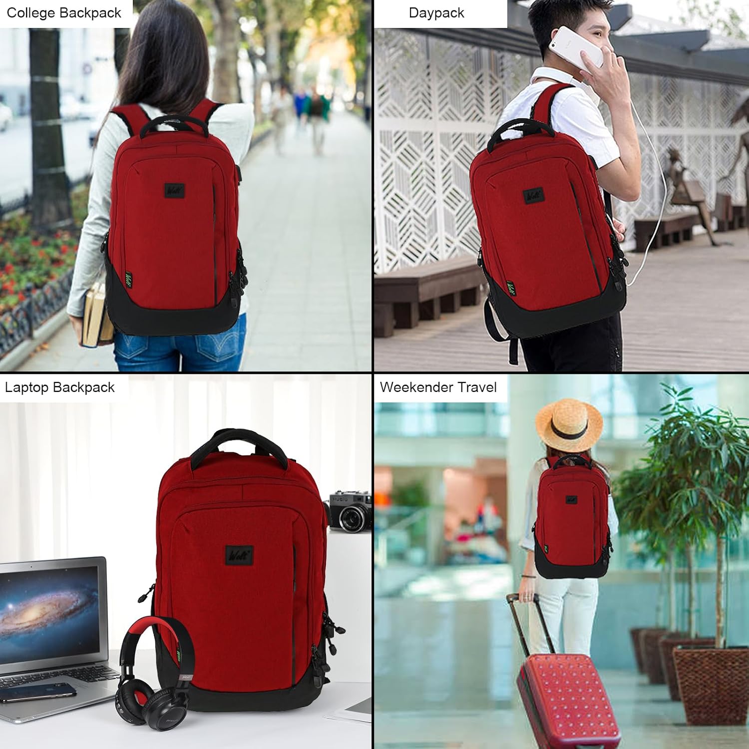 WOLT  Mochila para portátil de viaje, bolsa de negocios aprobada por avión con puerto de carga USB, se adapta a portátiles de 15.6 pulgadas, Rojo