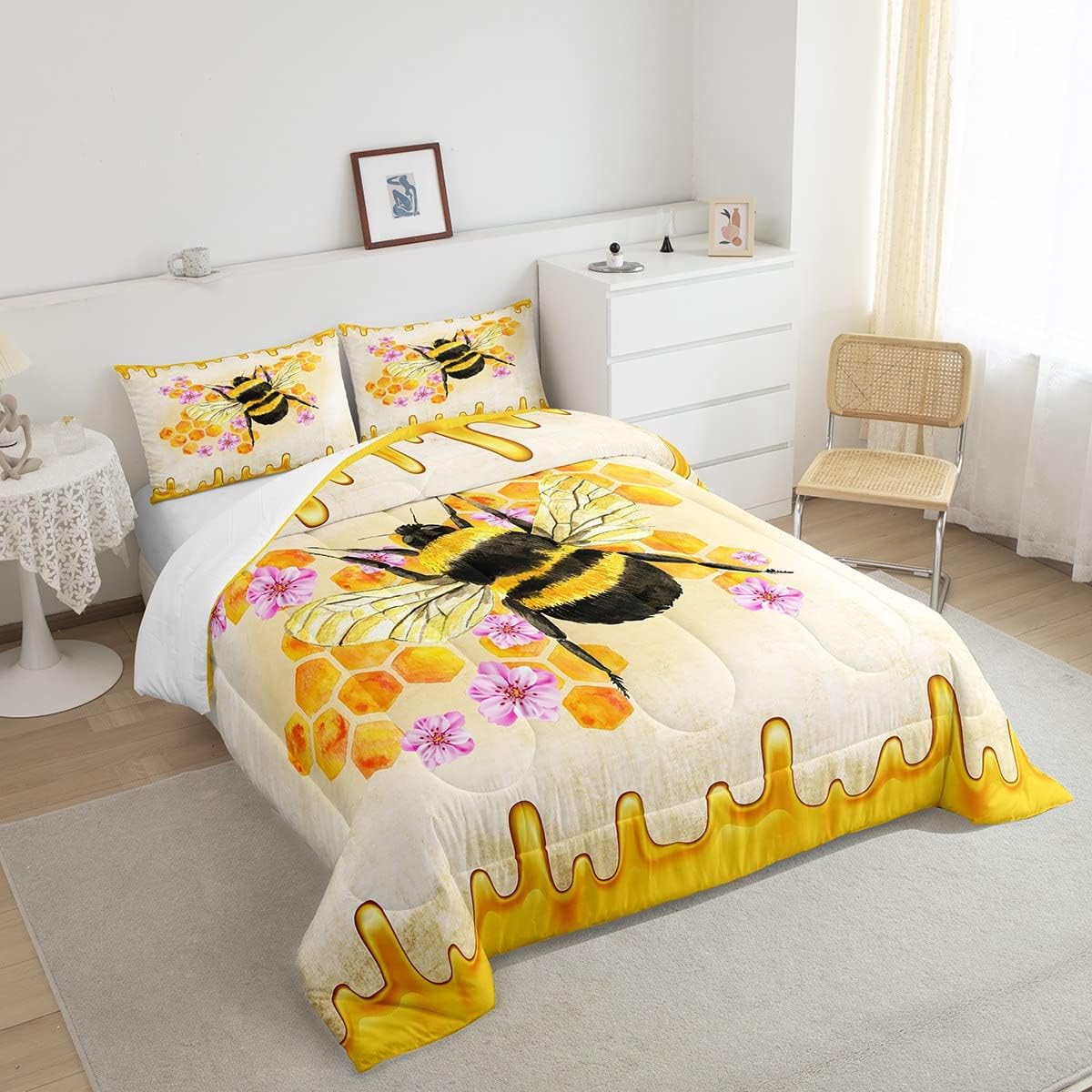 Lindo edredón de abeja con flores, juego de edredón de abeja de nido de abeja, juego de ropa de cama para niños y niñas, diseño geométrico de panal