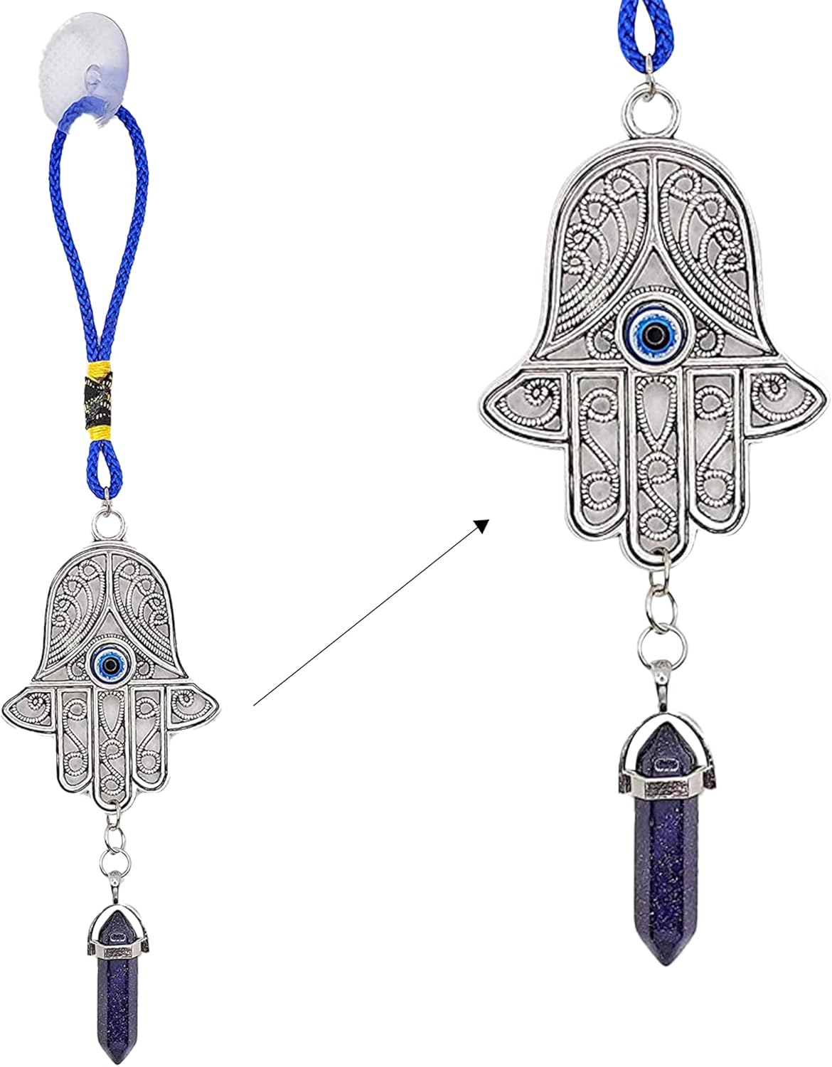 Silver Ornate Hamsa Hand Jeweled Keychain – Evil Eye Protection, Hanging Gemstone – Good Luck Charms 1.8″x9″