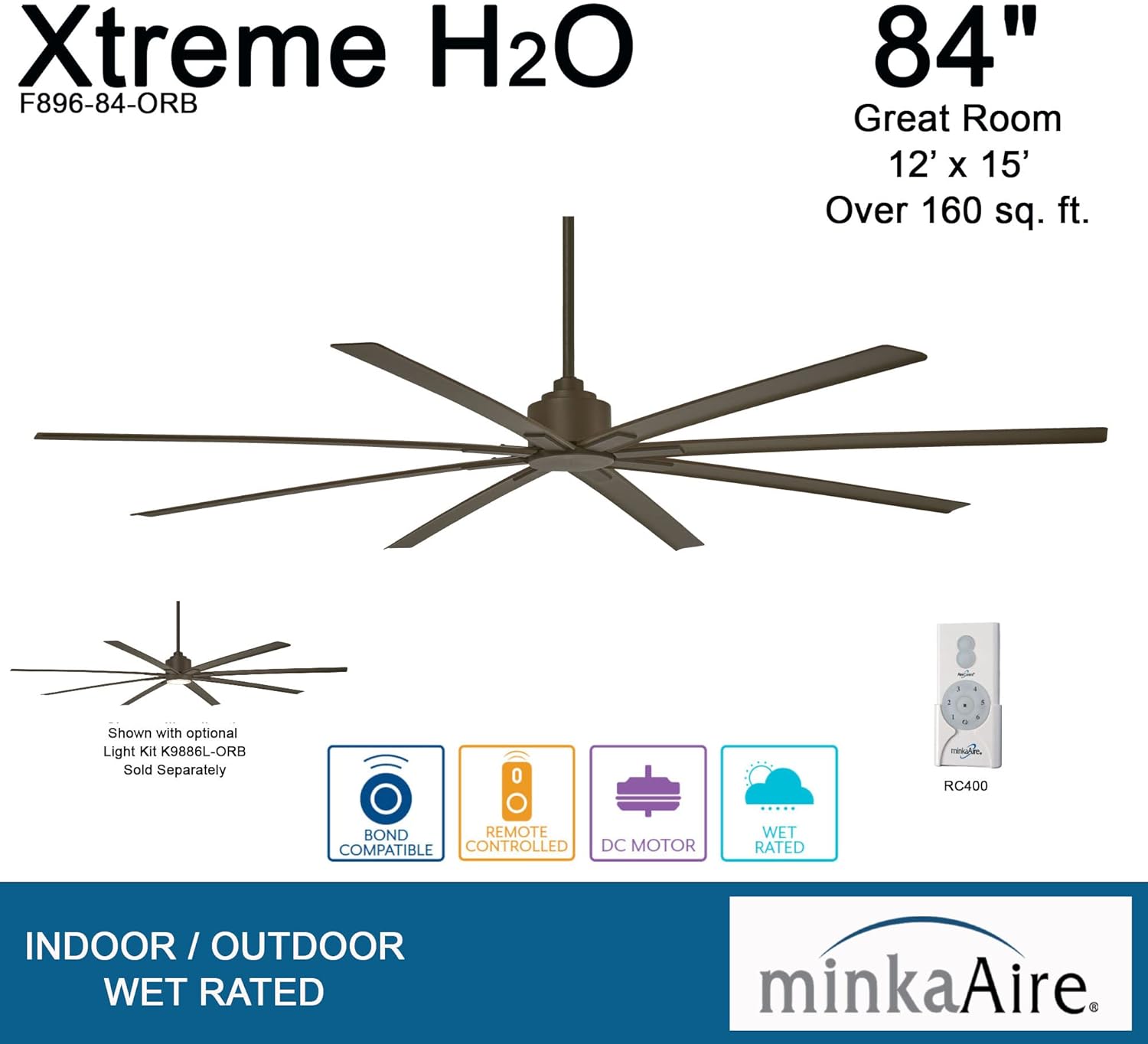 Minka-Aire F896L-84-ORB Ventilador de techo Xtreme H20 de 84 pulgadas para exterioresinteriores de 8 aspas  Motor silencioso de CC reversible de 6
