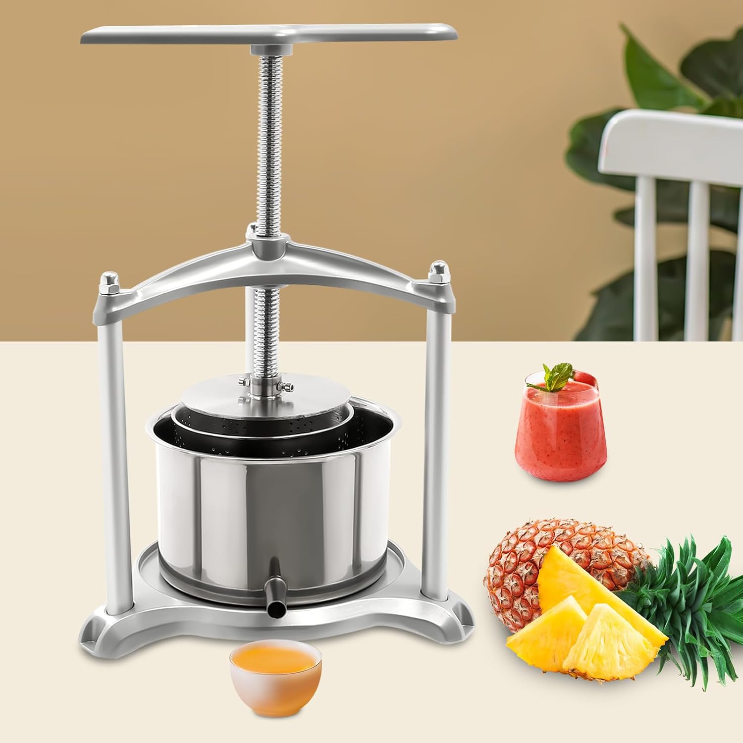 Prensa de vino de frutas, prensa de sidra de acero inoxidable con mango en T para sidra, vino de uva o jugo suministros y equipo (3L)