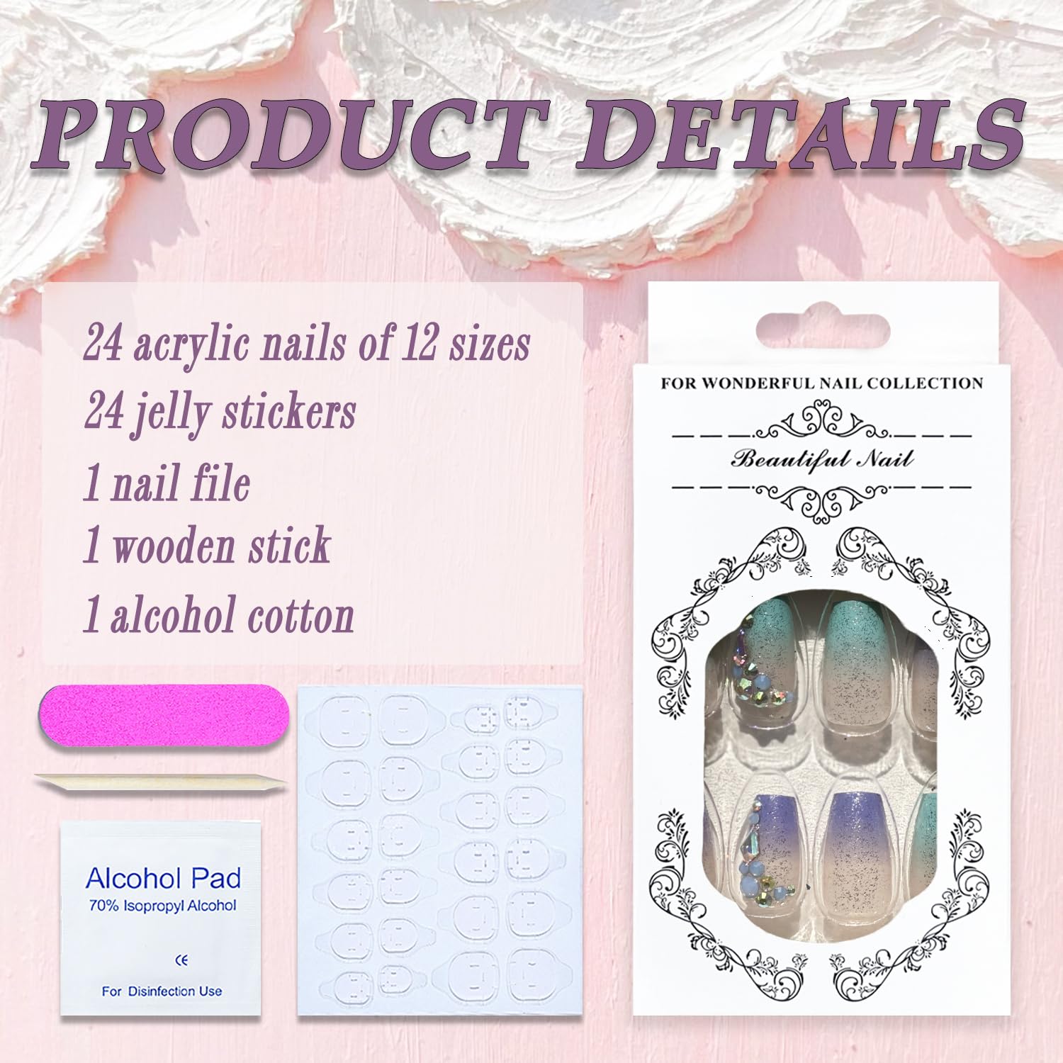 Uñas postizas a presión medianas con diseño de ataúd SWEKKE de sirena, cobertura completa, degradadas, con diseños de diamantes de imitación,