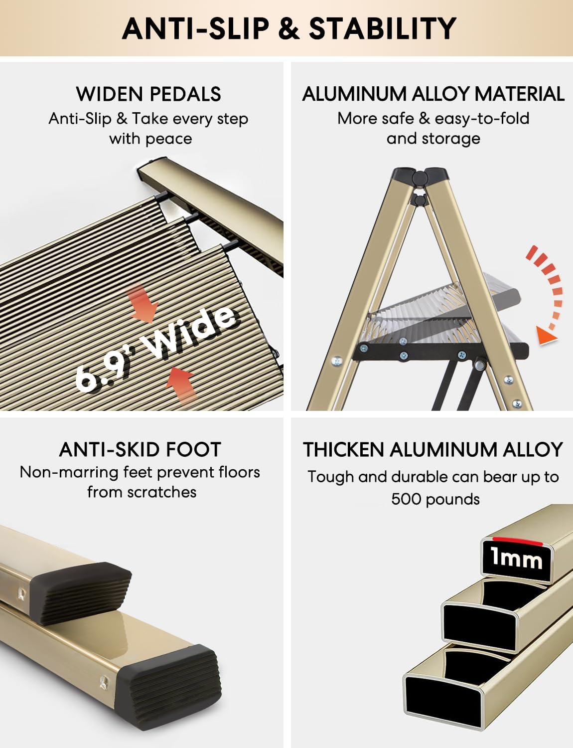 Miscoos Escalera de 3 escalones, taburete plegable portátil ligero con pedal antideslizante resistente y ancho, capacidad de 330 libras, escalera de