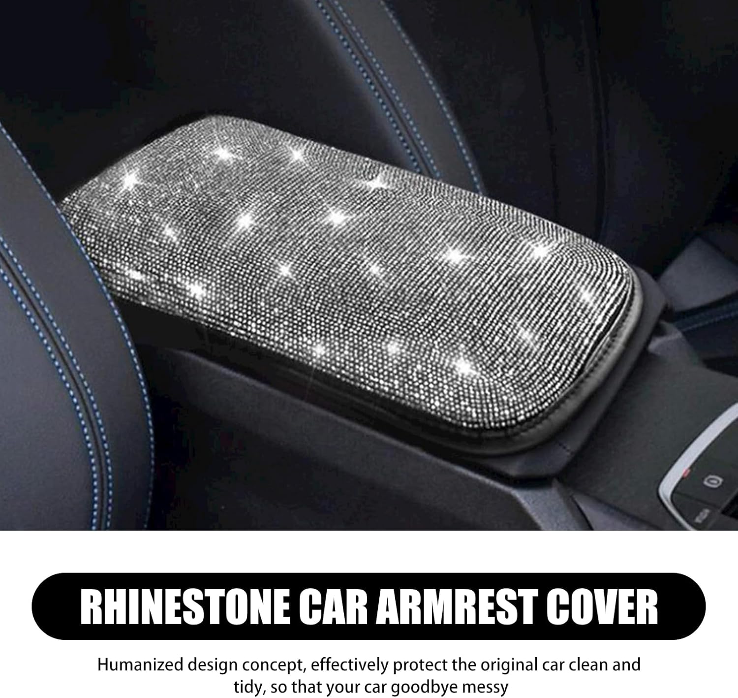 1 protector brillante para reposabrazos de automóvil, 8.66 x 11.81 pulgadas, con diamantes de imitación, banda elástica montada en la consola