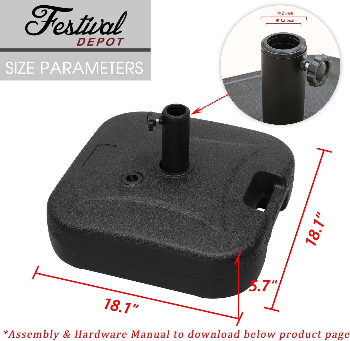 Festival Depot – Base cuadrada para sombrilla de patio (1,5 a 2 pulgadas, peso al aire libre, soporte con soporte para paraguas, para un diámetro de
