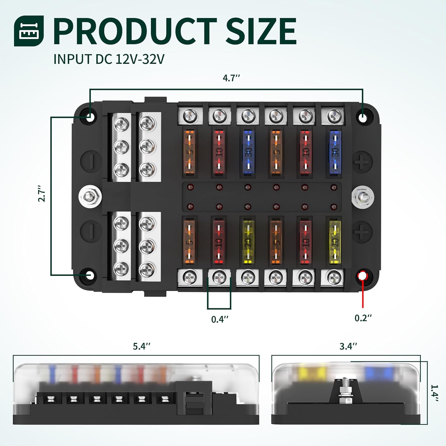 DaierTek Bloque de fusibles de 12 vías, bloque de fusibles de hoja de 12 voltios con indicador LED, caja de fusibles de 12 circuitos, panel de