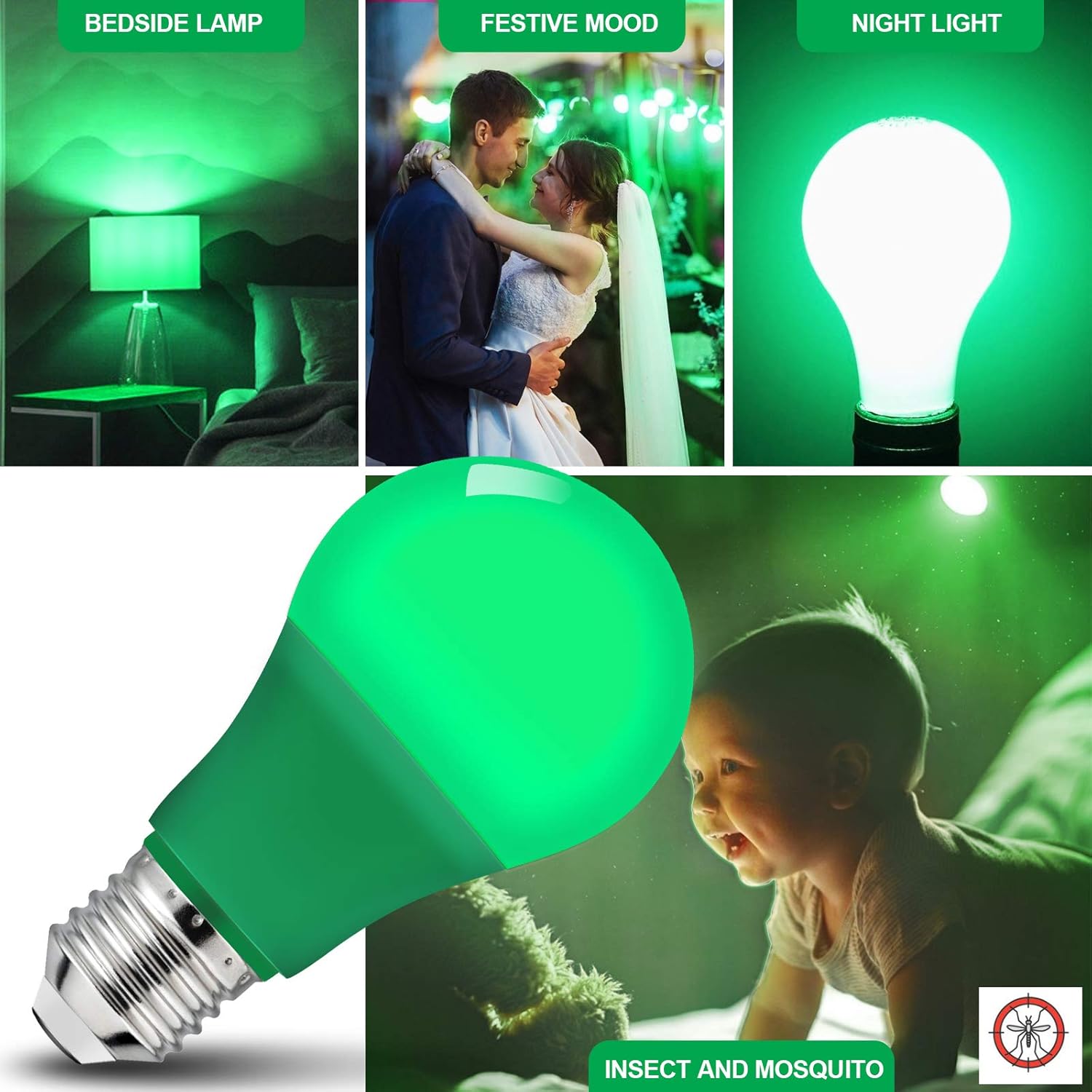 Bombillas LED A19 de color verde, 5 vatios (equivalente a 40W), base E26, para fiesta de boda, Halloween, Navidad, bar, decoración ambiental