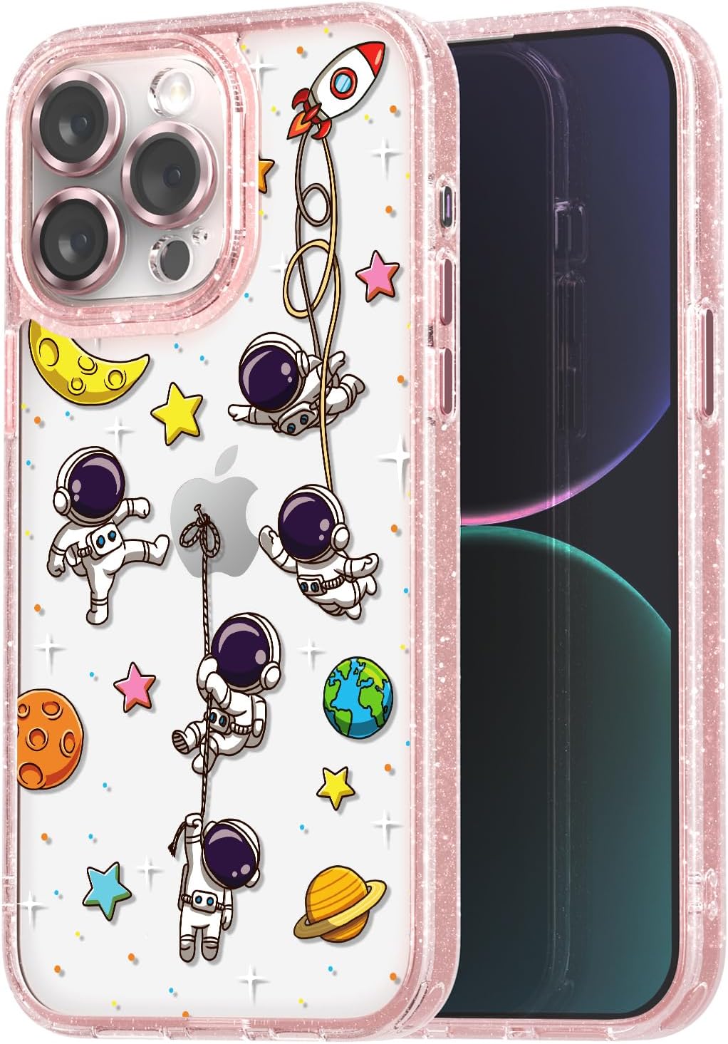 casevivid Funda compatible con iPhone 15 Pro, bonita estética, funda de teléfono rosa con purpurina y protector de cámara, diseño de astronauta