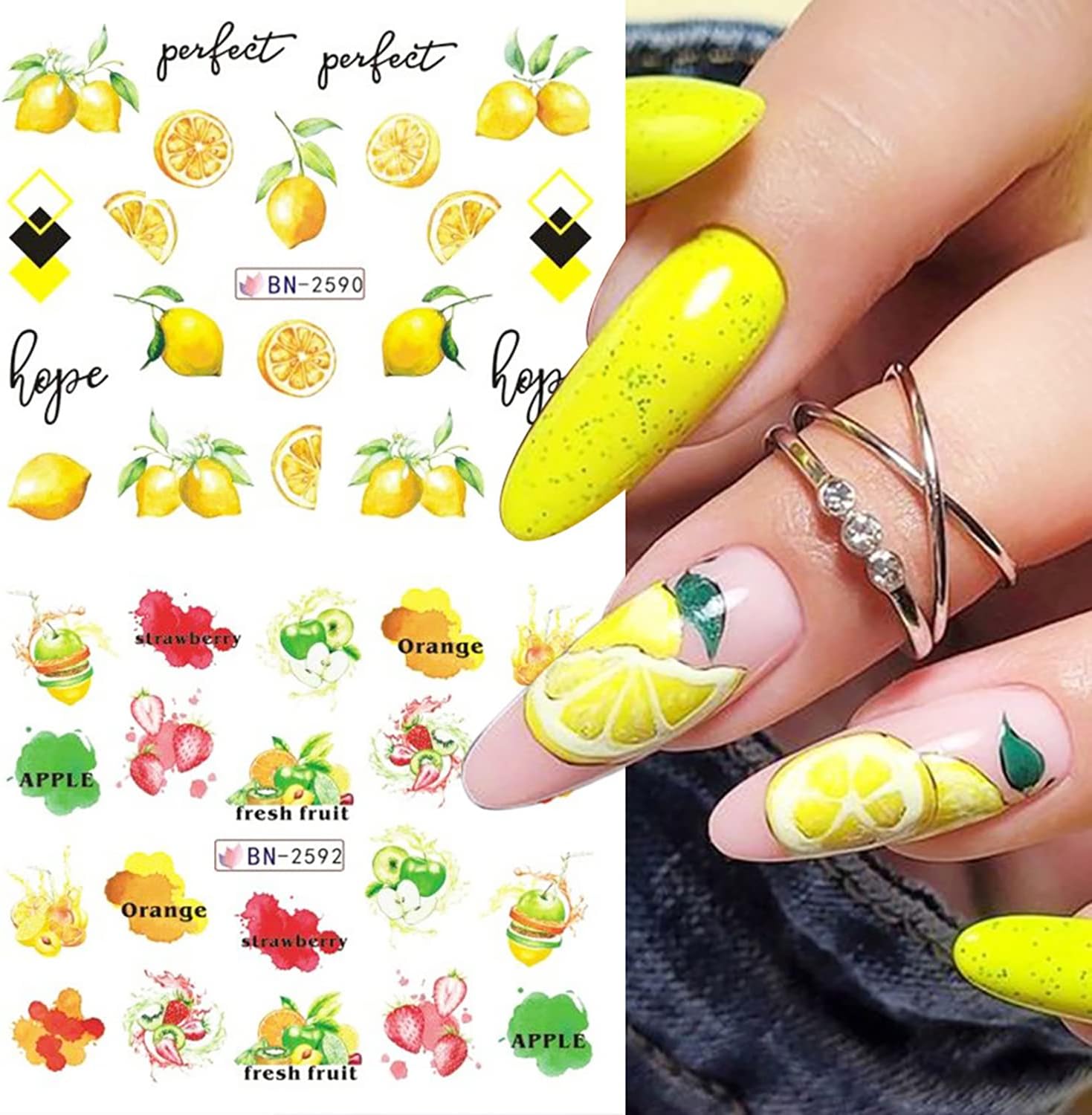 12 hojas de calcomanías para uñas de frutas, manzana, naranja, melocotón, sandía, diseño, transferencia de agua, calcomanías holográficas, arte de