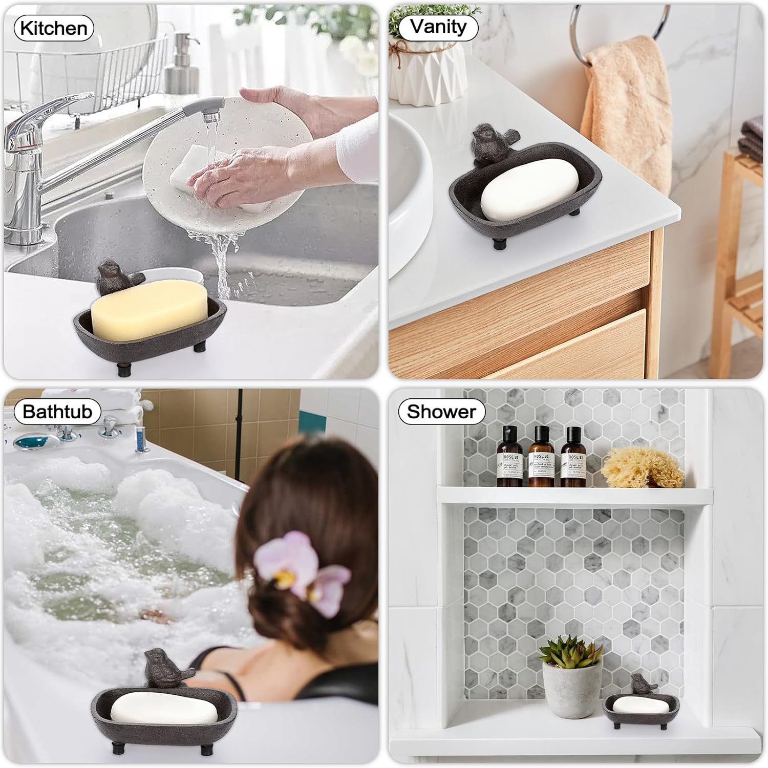 Sumnacon Jabonera de hierro fundido, jabonera drenable, bandeja decorativa de esponja de jabón marrón, barra de hierro rústica, jabonera para baño,