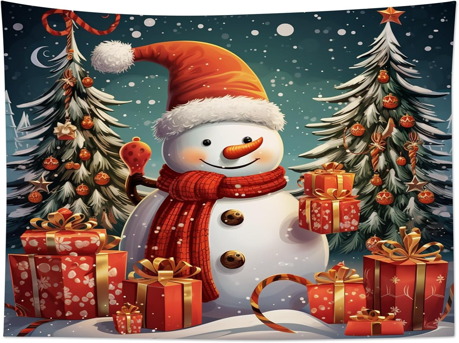 HVEST Tapiz navideño de muñeco de nieve para colgar en la pared, divertido muñeco de nieve con sombrero rojo de Navidad y tapiz de regalo, tapiz de