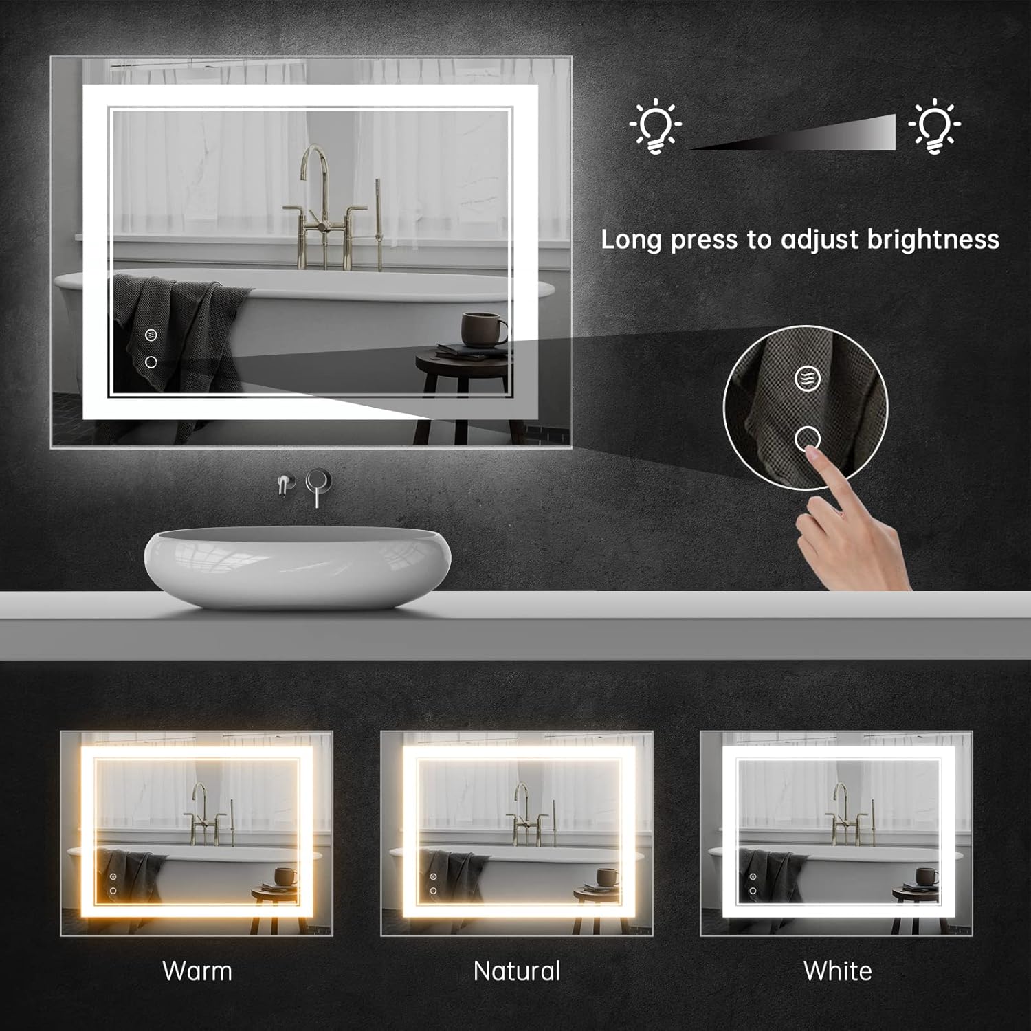 Espejo de baño LED de 40 x 30 pulgadas, espejo de tocador antivaho montado en la pared, espejo de maquillaje LED regulable con luces