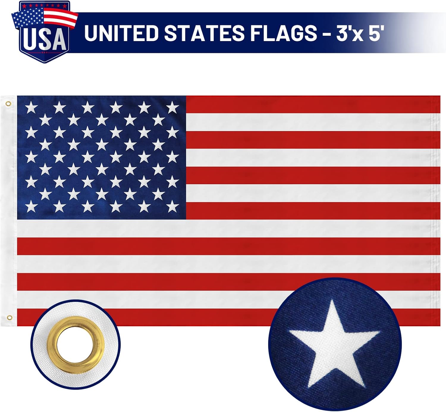 Bandera estadounidense para exteriores de 3 x 5 pies, poliéster reforzado 400D resistente con dos ojales de latón, banderas estadounidenses para