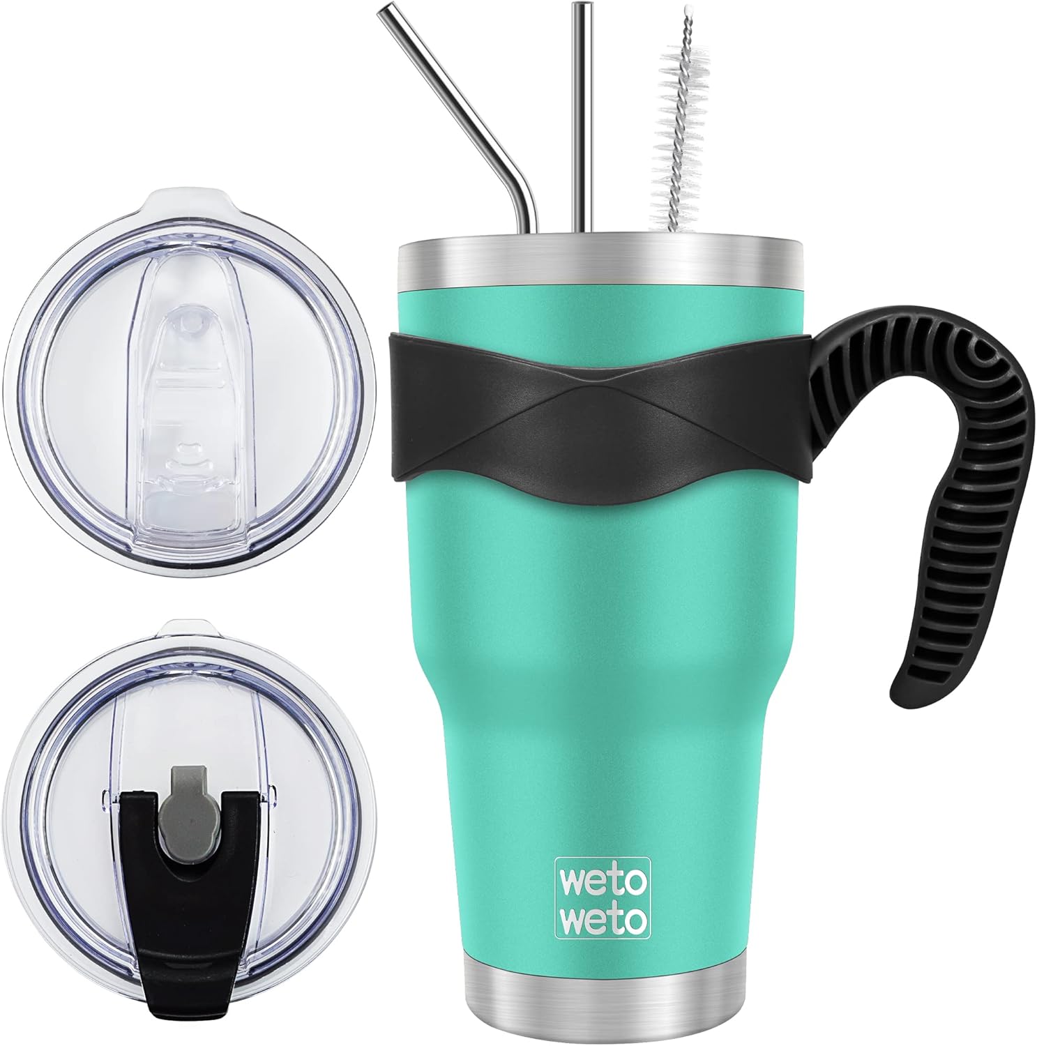 WETOWETO Vaso de 30 onzas con 2 tapas y 2 popotes, vaso de acero inoxidable 188 aislado al vacío con asa, taza de viaje para agua con tapa para