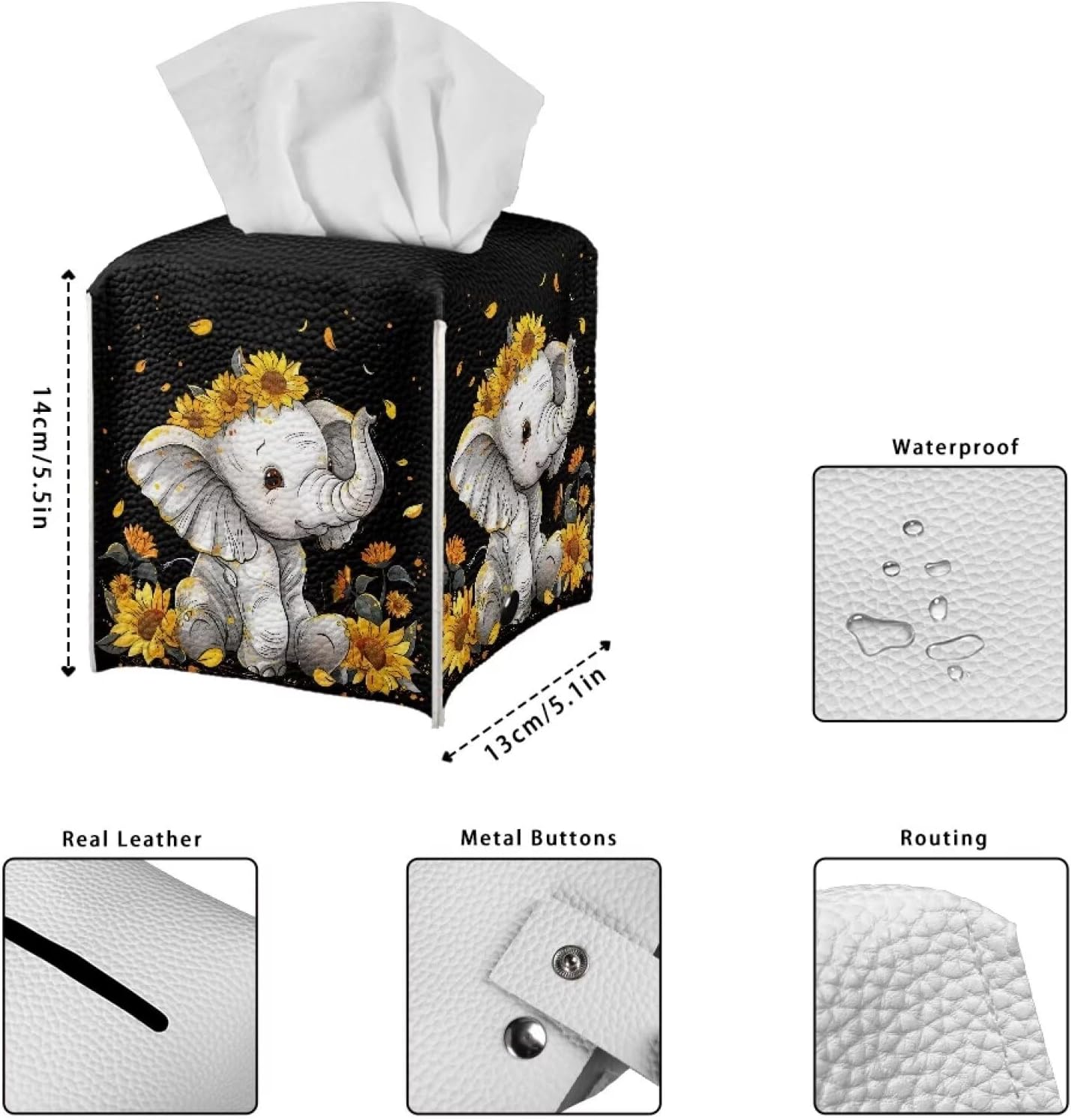 ZFRXIGN Funda cuadrada para caja de pañuelos de girasol y elefante, con cinturón inferior, pañuelos decorativos, cubierta de cubo para encimera de