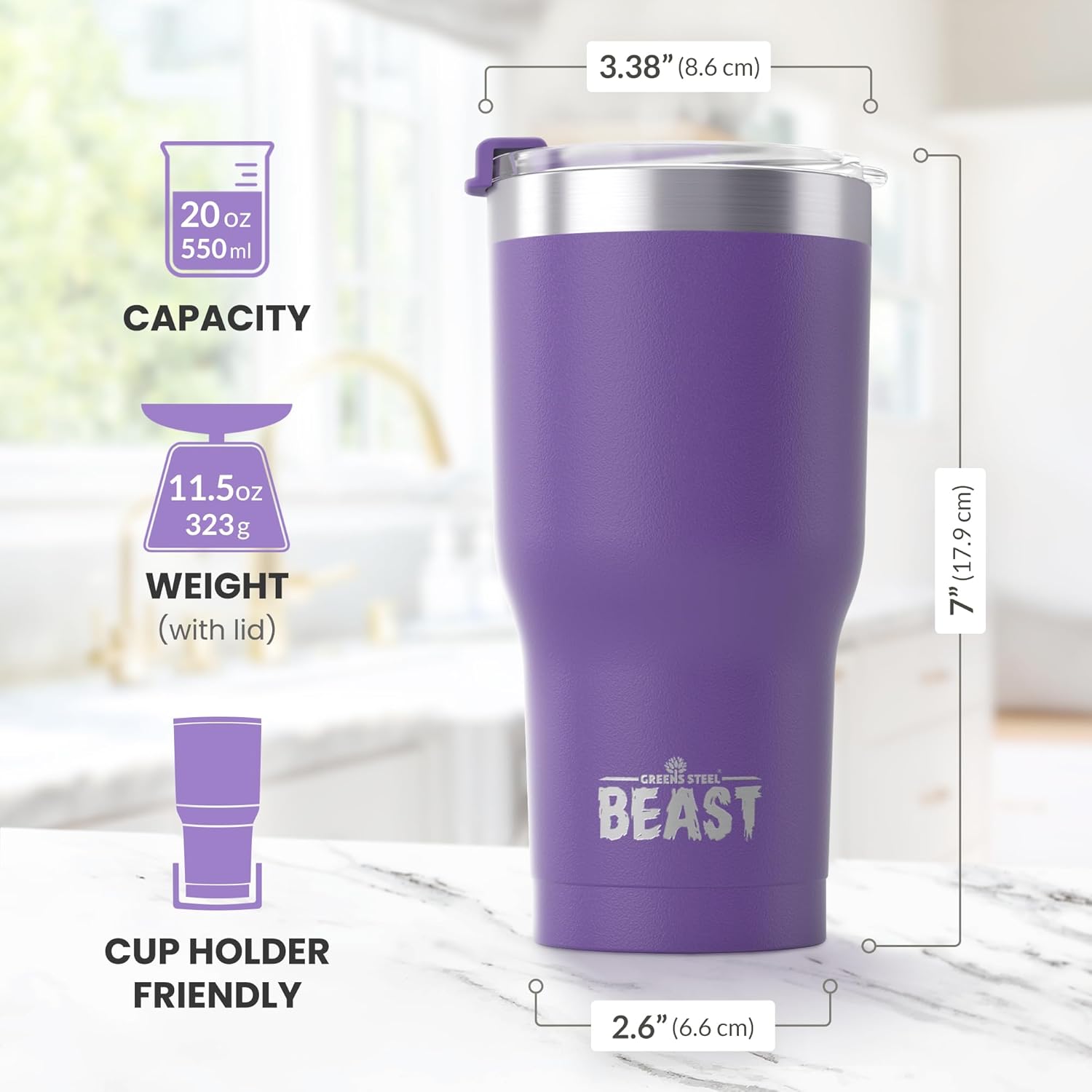 Greens Steel Beast – Vaso de acero inoxidable con aislamiento al vacío para café, taza de hielo, termo de viaje de doble pared, 20 onzas (morado)