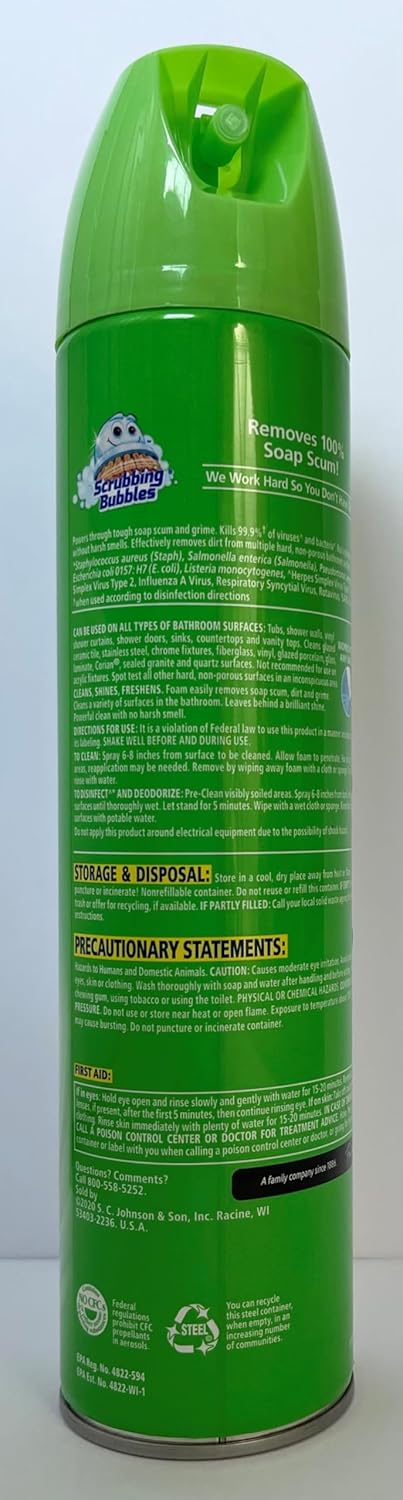 Scrubbing Bubbles – Lucha contra la suciedad de baño, aroma Rainshower, paquete de 4 latas de 25 onzas y limpiador de vidrio en aerosol, 4 latas de